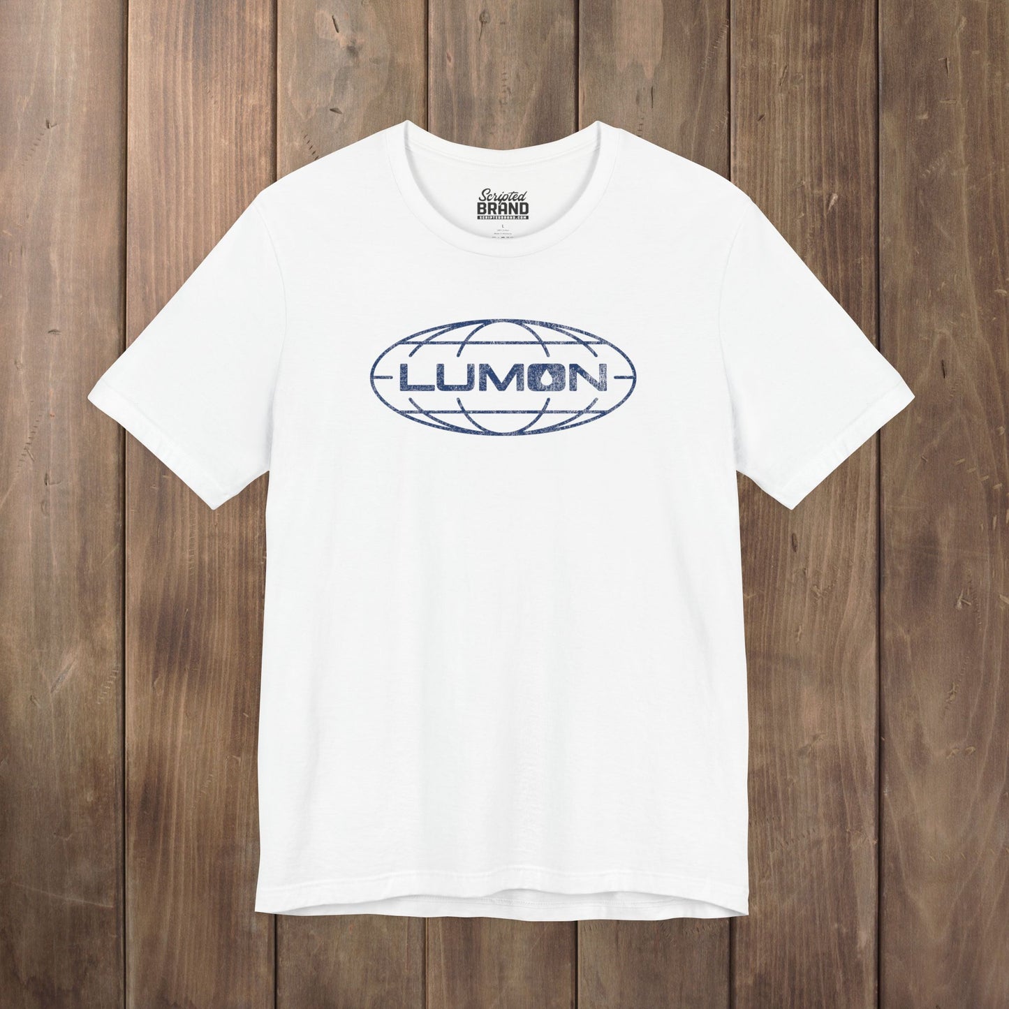 White Bella+Canvas tee with a vintage distressed Lumon Industries globe logo from the Apple TV show Severance
