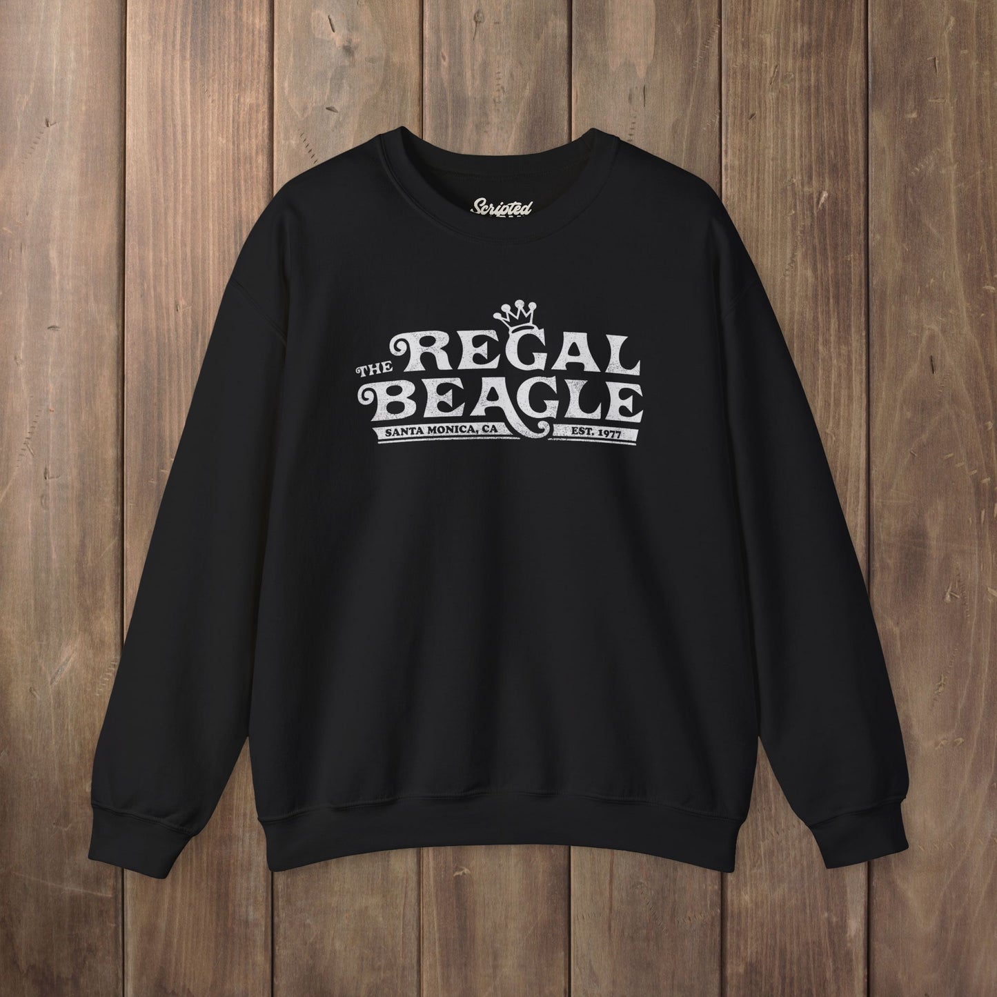 Black crewneck sweatshirt with vintage distressed blue Regal Beagle Three's Company logo