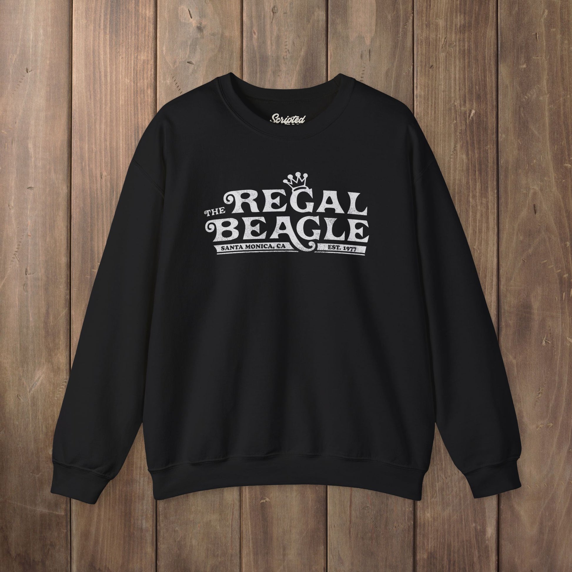 Black crewneck sweatshirt with vintage distressed blue Regal Beagle Three's Company logo