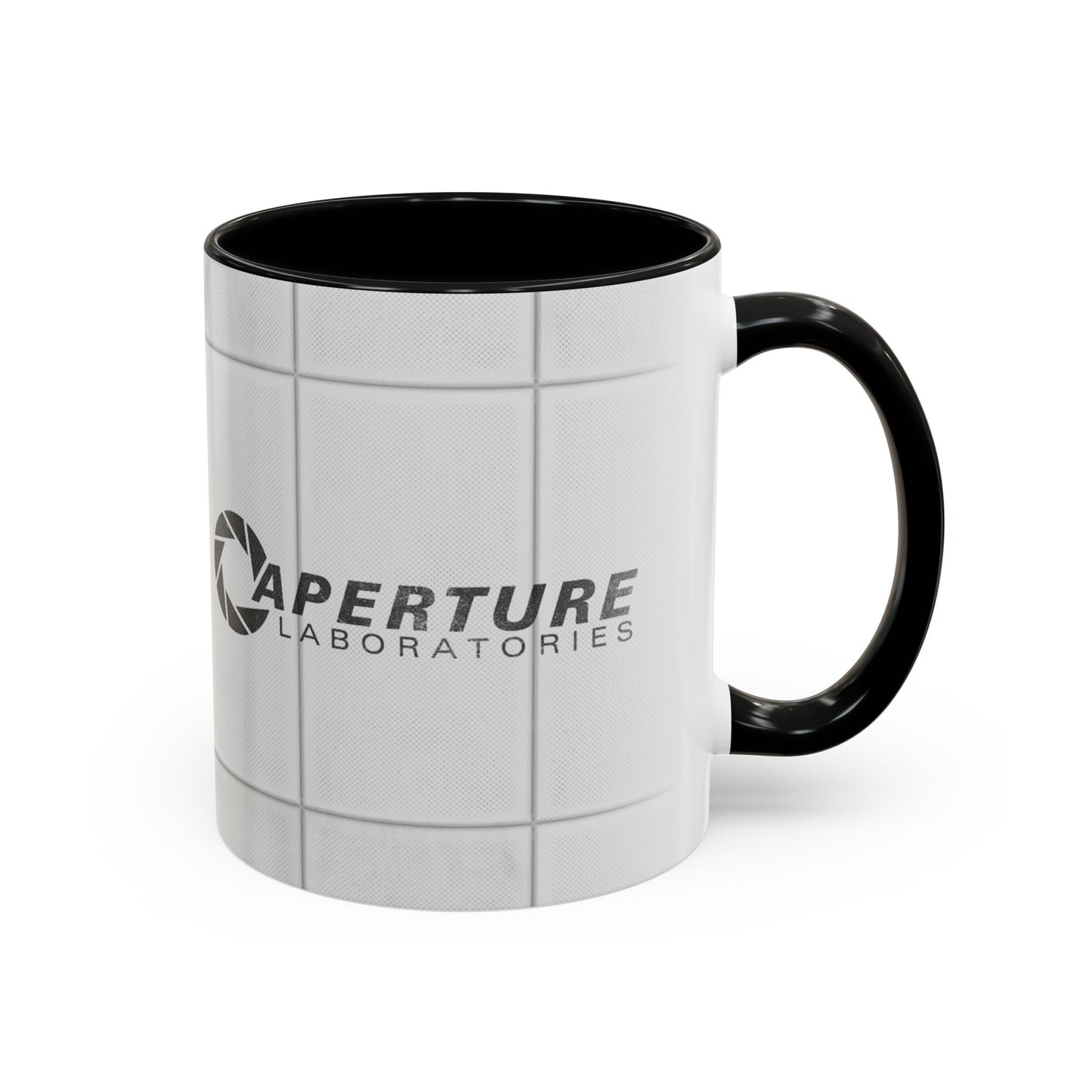 Right handle view of Black accent 11oz mug with Aperture Laboratories logo, Portal test chamber panel wall wrap, logo printed both sides.