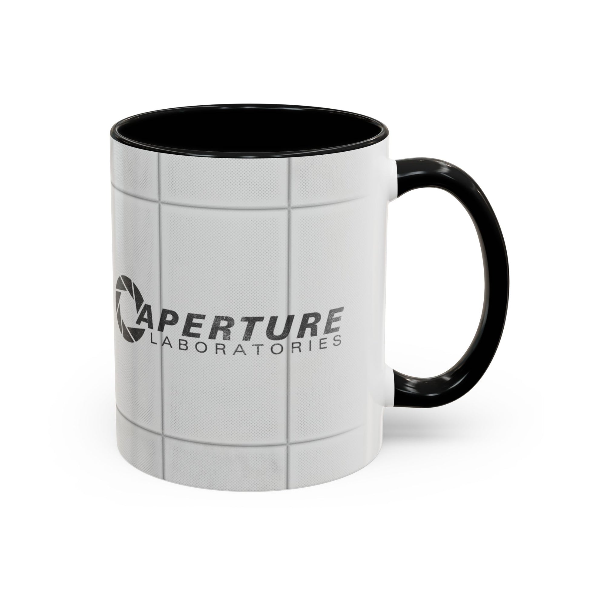Right handle view of Black accent 11oz mug with Aperture Laboratories logo, Portal test chamber panel wall wrap, logo printed both sides.