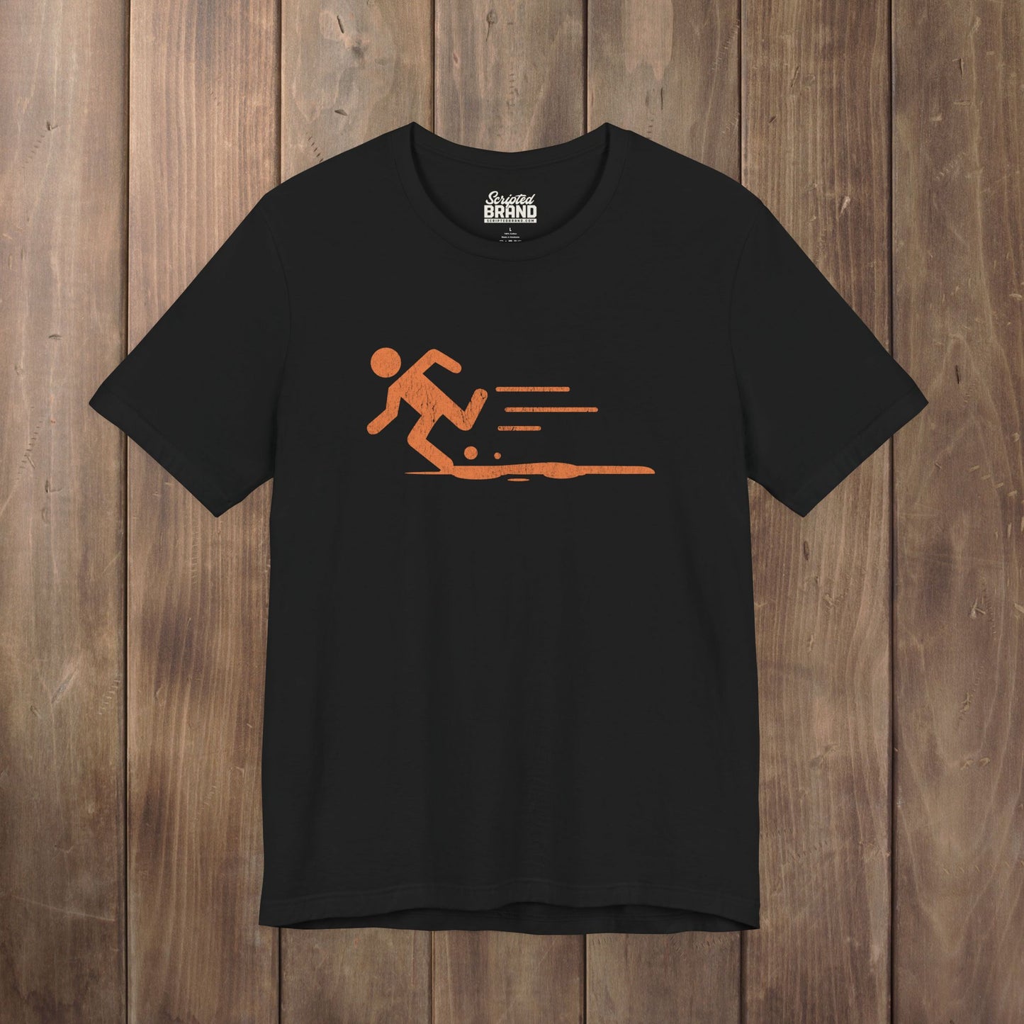 Black tee with orange vintage distressed Portal 2 Propulsion Gel icon of a figure sprinting fast