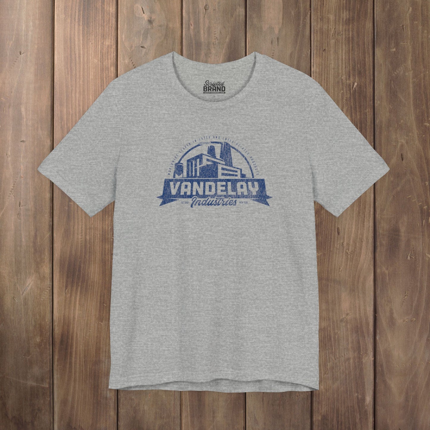 Heather Gray Bella+Canvas 3001 t-shirt with a Vandelay Industries logo that George Costanza made up in the TV Show Seinfeld.