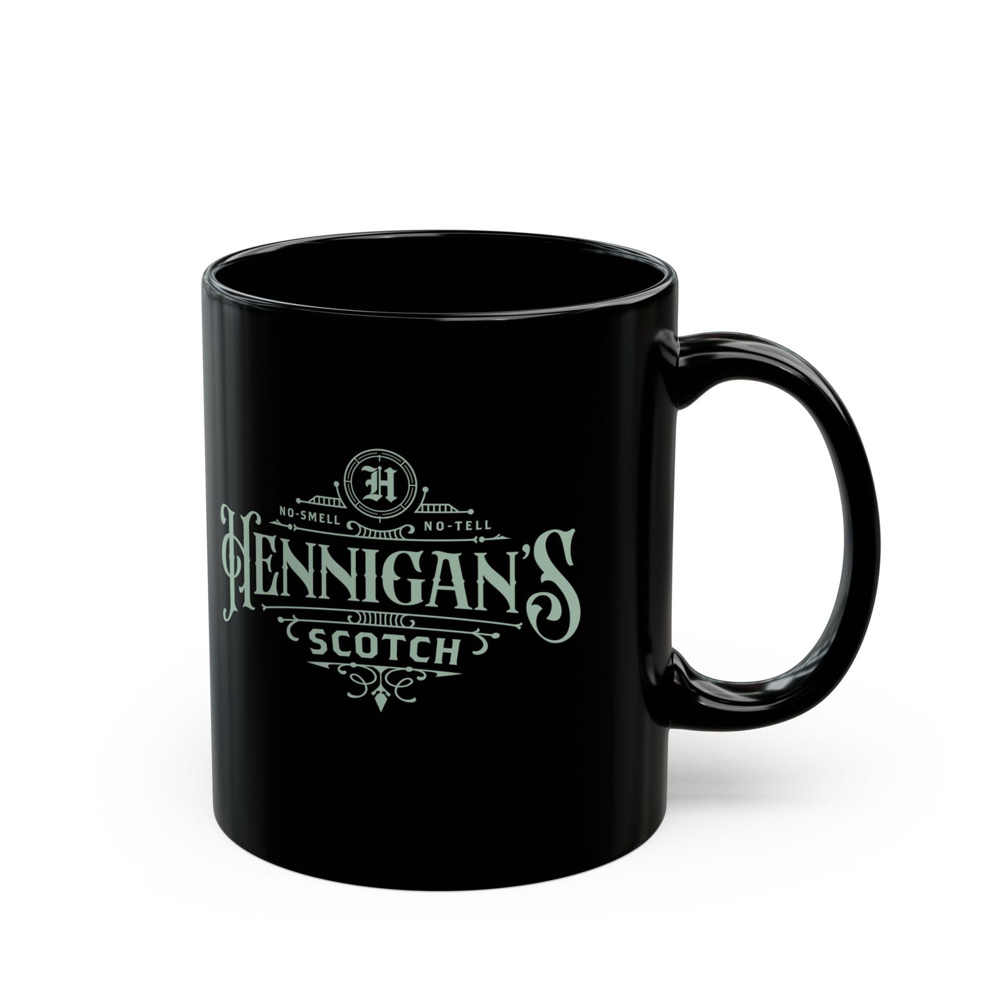 11 oz Black mug with 'Hennigan's Scotch' branding on a white background