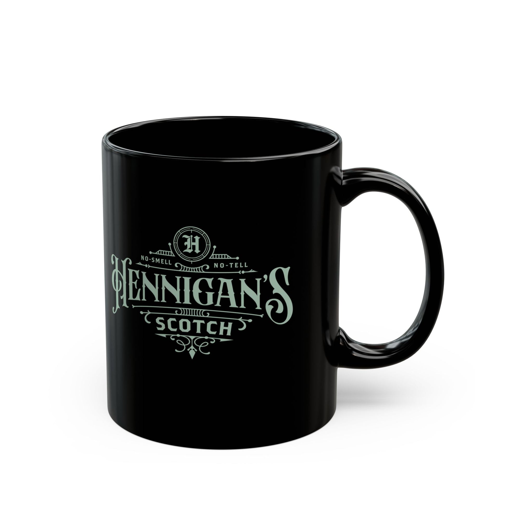 11 oz Black mug with 'Hennigan's Scotch' branding on a white background