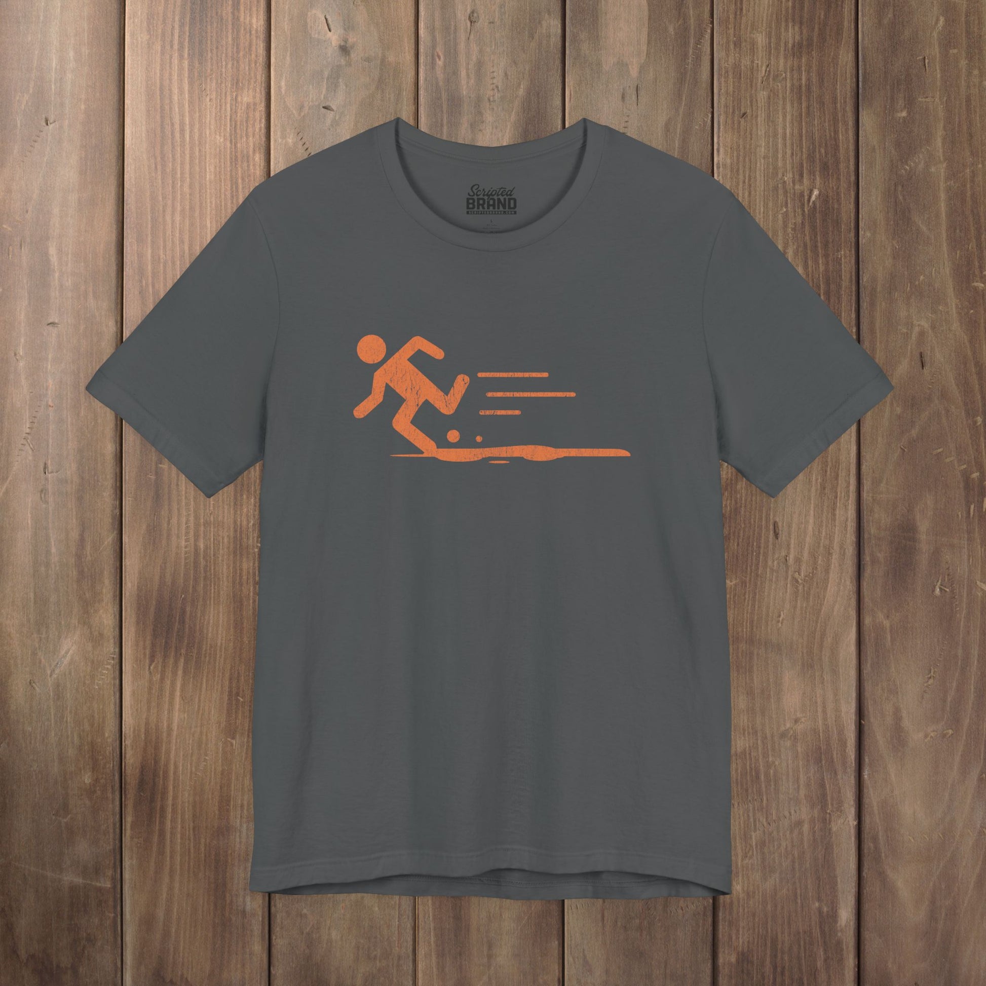 Asphalt dark gray tee with orange vintage distressed Portal 2 Propulsion Gel icon of a figure sprinting fast