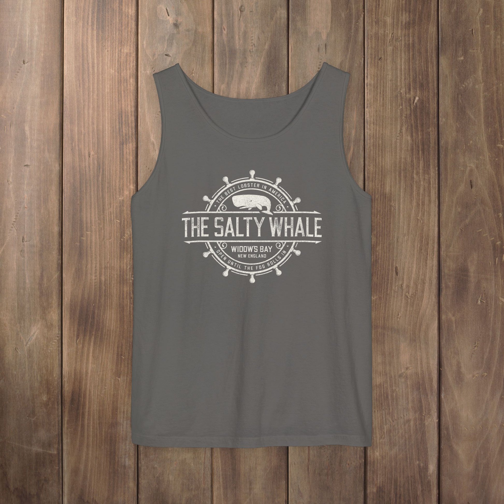 Pepper gray garment-dyed tank top with vintage Widow's Bay The Salty Whale nautical crest design