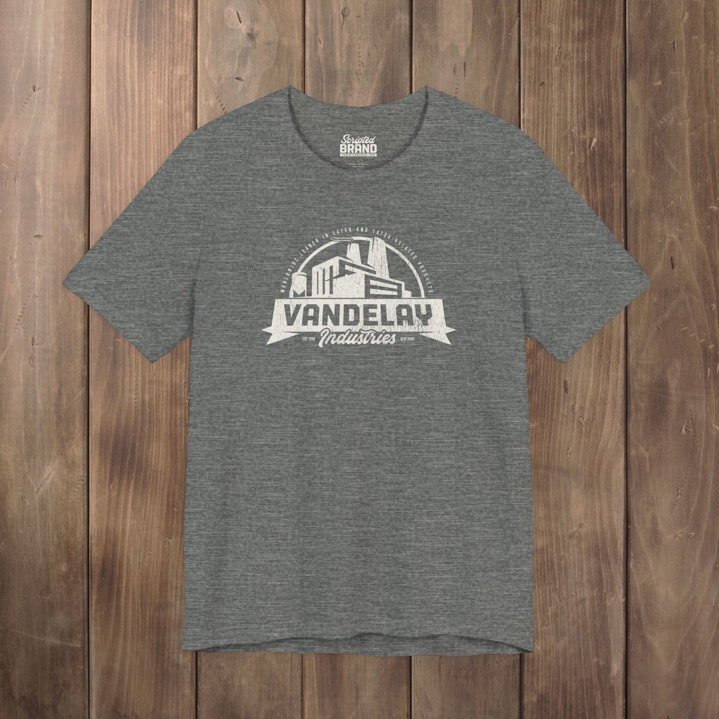 Deep Heather Gray Bella+Canvas 3001 t-shirt with a Vandelay Industries logo that George Costanza made up in the TV Show Seinfeld.