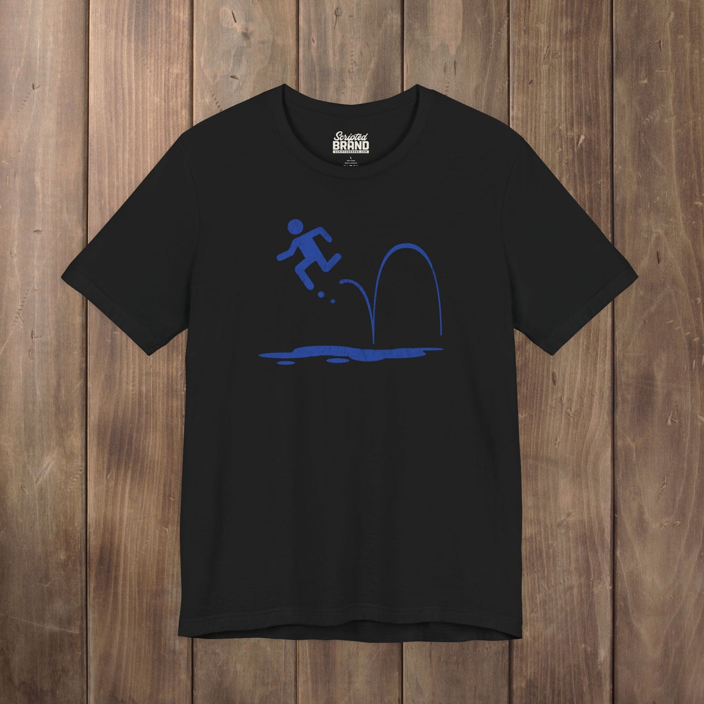 Black tee with vintage distressed Portal 2 Repulsion Gel icon of a figure bouncing off gel