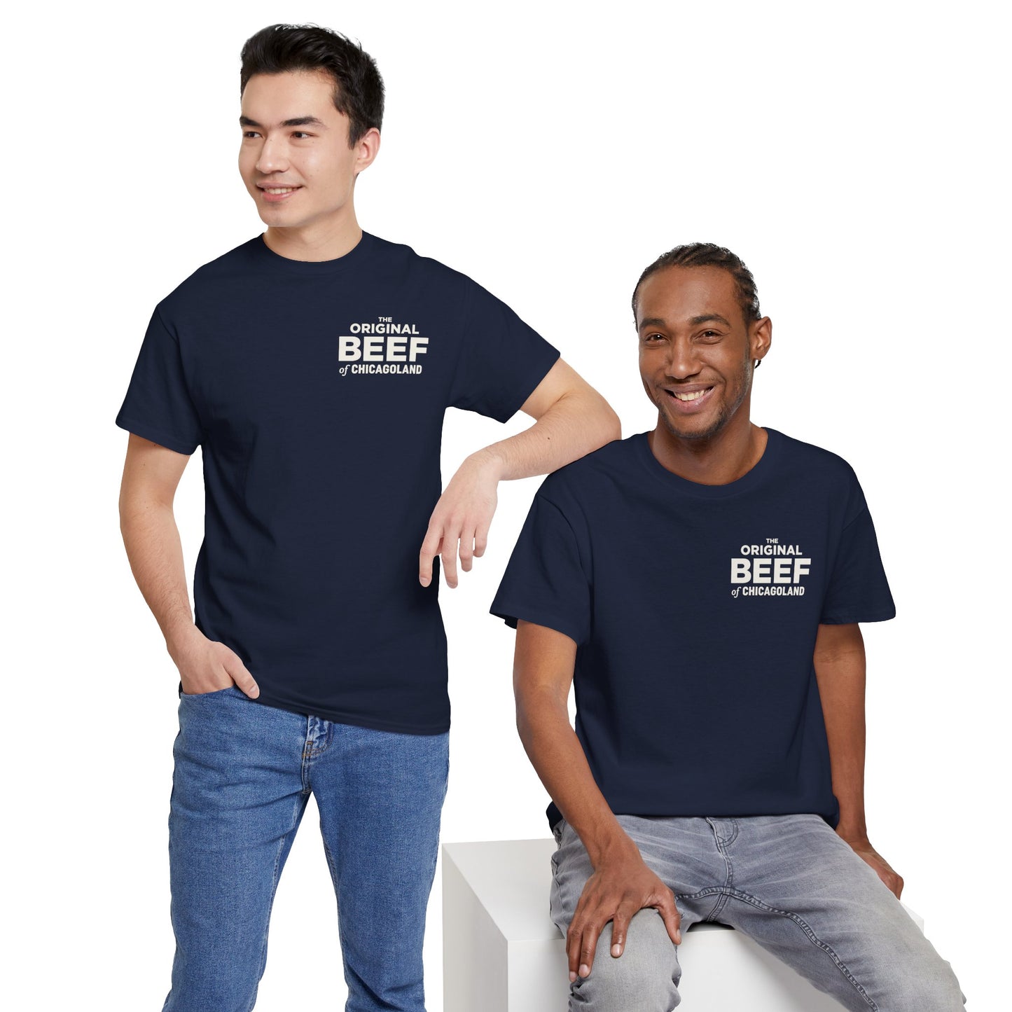 Two people wearing navy blue 'The Original Beef of Chicagoland' t-shirts inspired by The Bear, Gildan 5000.