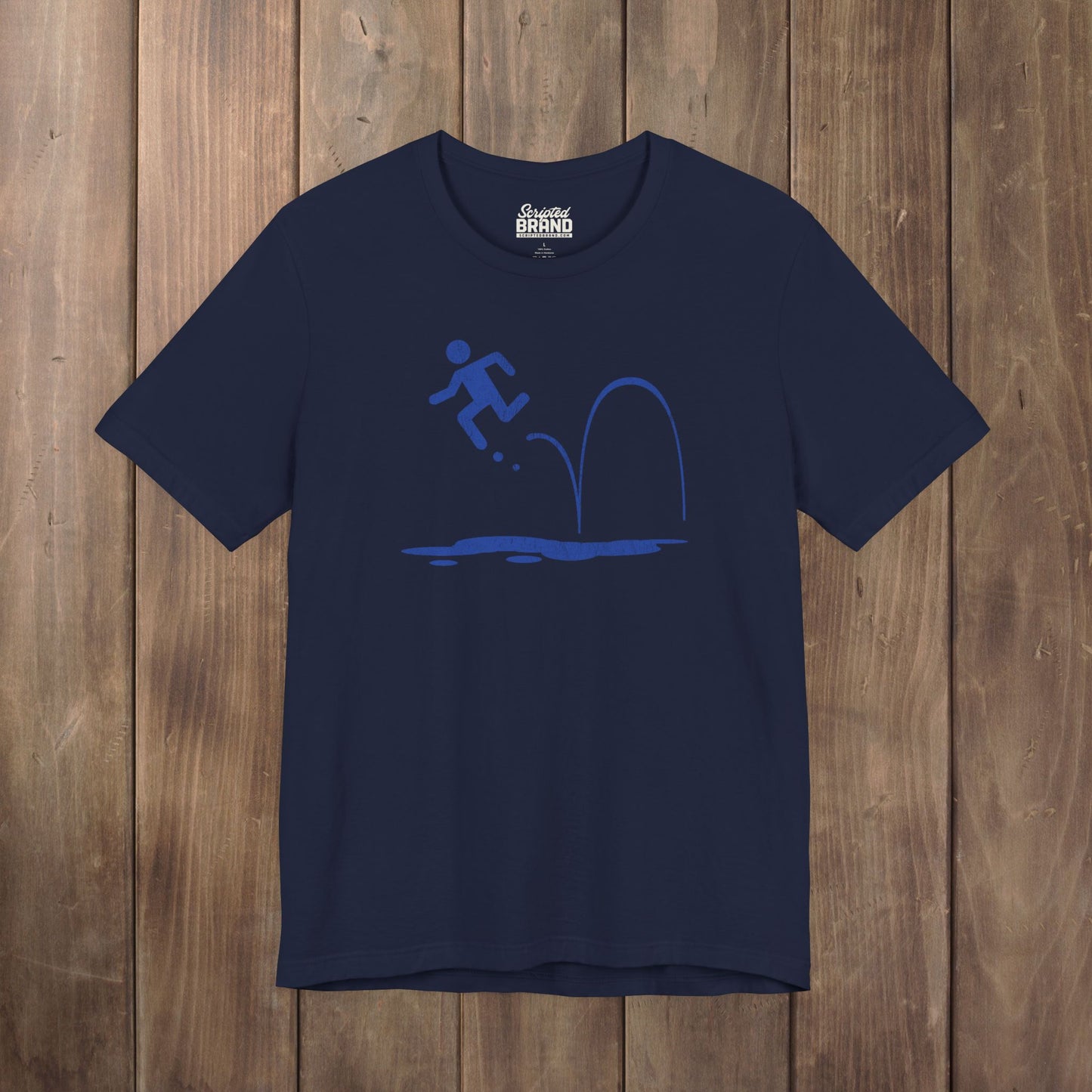 Navy blue tee with vintage distressed Portal 2 Repulsion Gel icon of a figure bouncing off gel