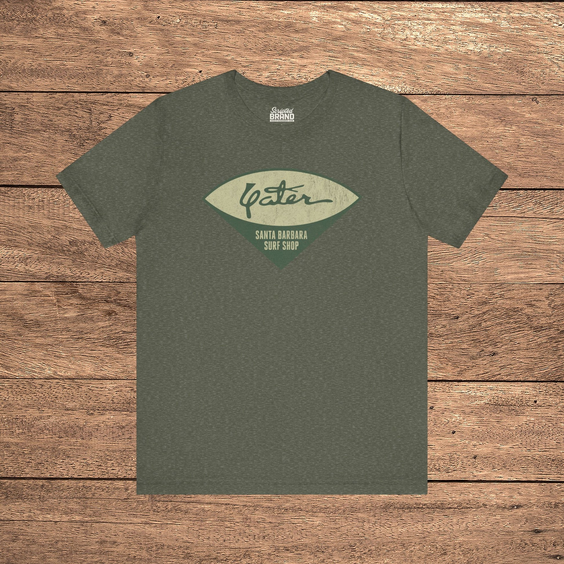 Yater Surf Shop vintage distressed t-shirt in heather military green, Bella+Canvas 3001, worn by Robert Duvall in Apocalypse Now.