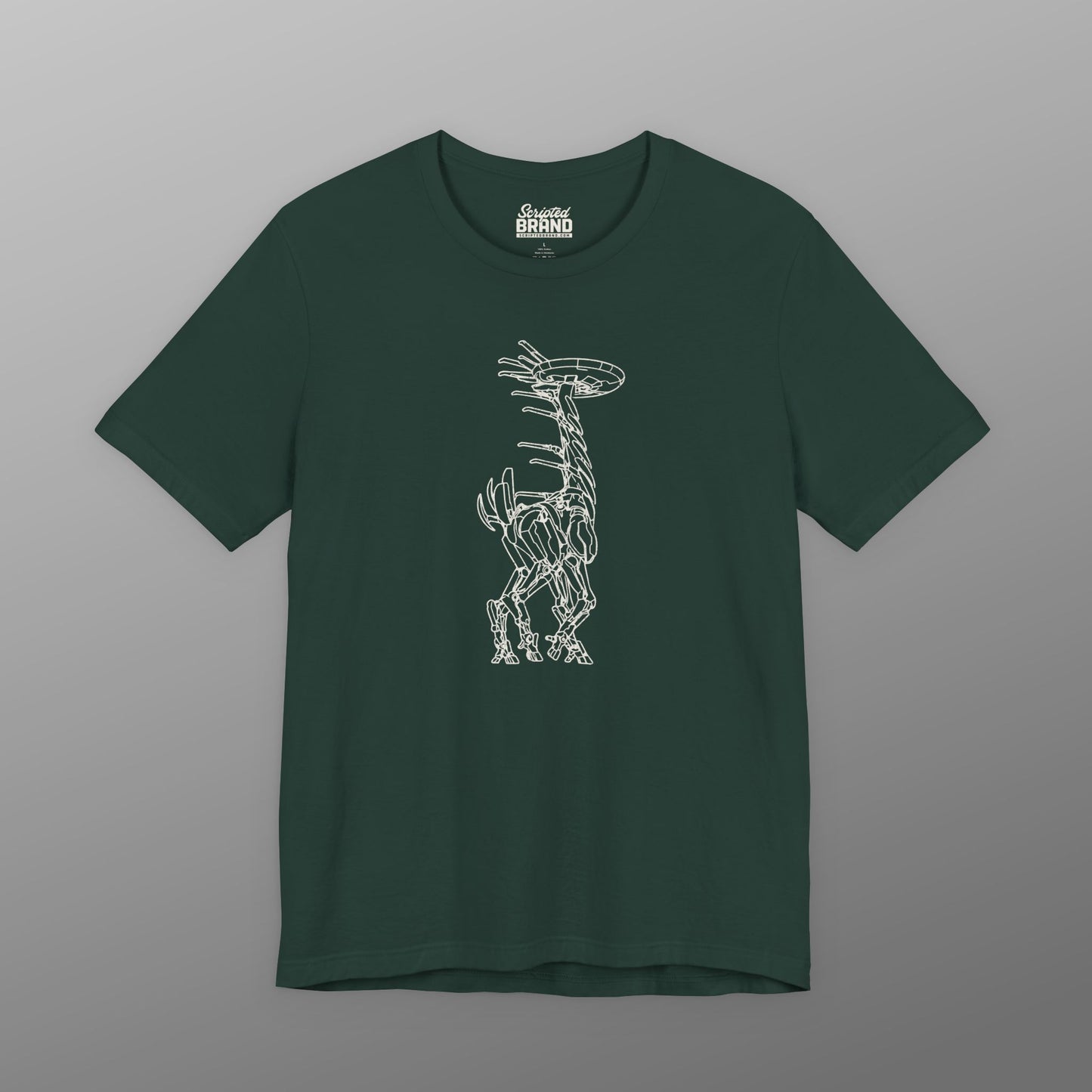 Forest green Tallneck vintage line-art graphic t-shirt inspired by Horizon Zero Dawn and Forbidden West, soft Bella+Canvas cotton tee