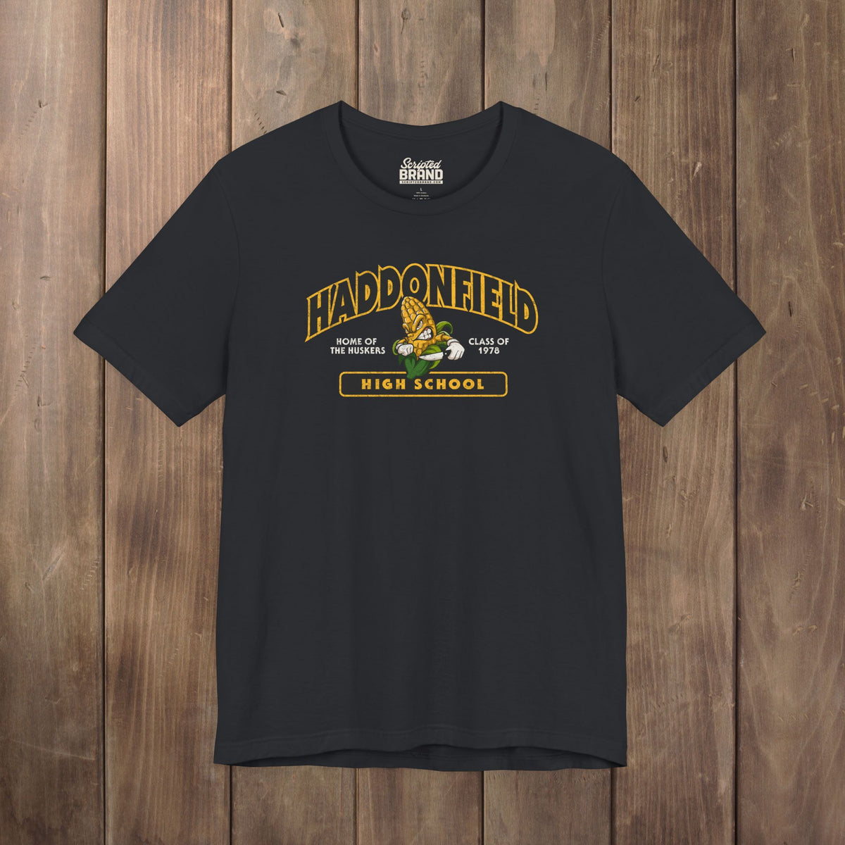 Black Haddonfield High School t-shirt with distressed corn mascot holding knife, Halloween movie Class of 1978 Huskers