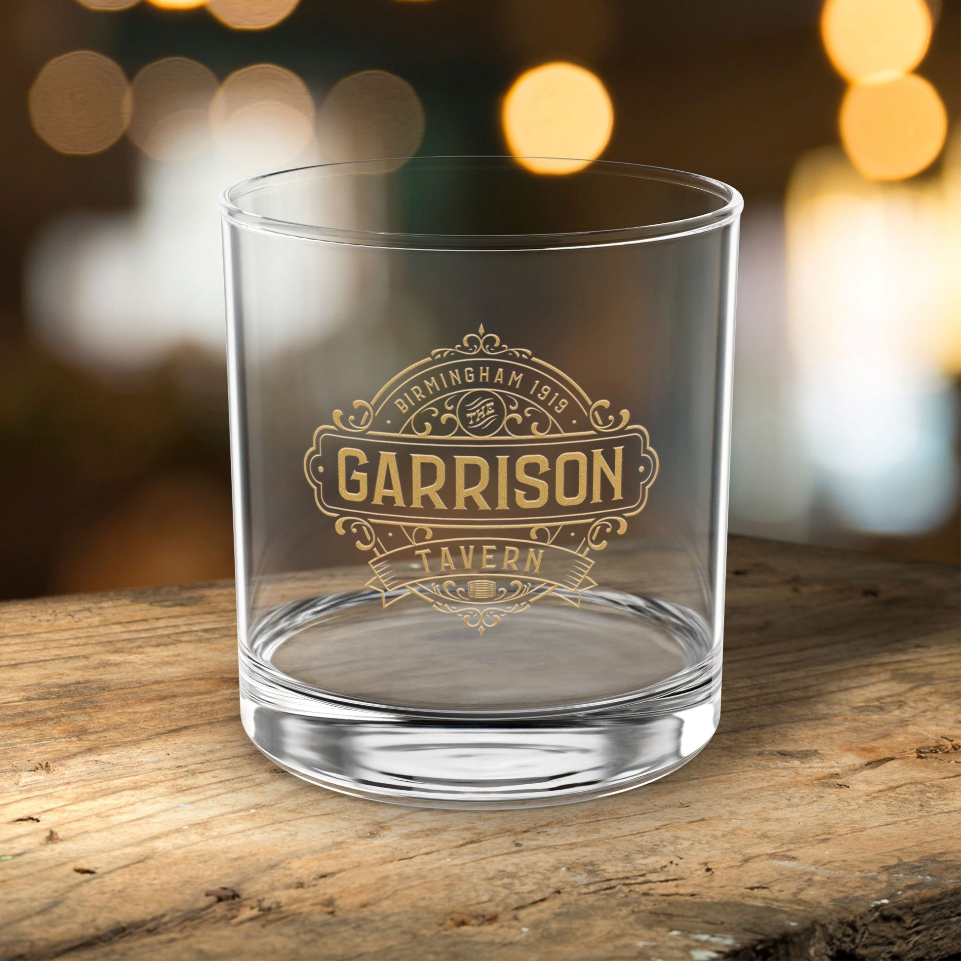 Garrison Tavern rocks glass with gold Birmingham 1919 logo, inspired by Peaky Blinders, 10oz whiskey lowball glass