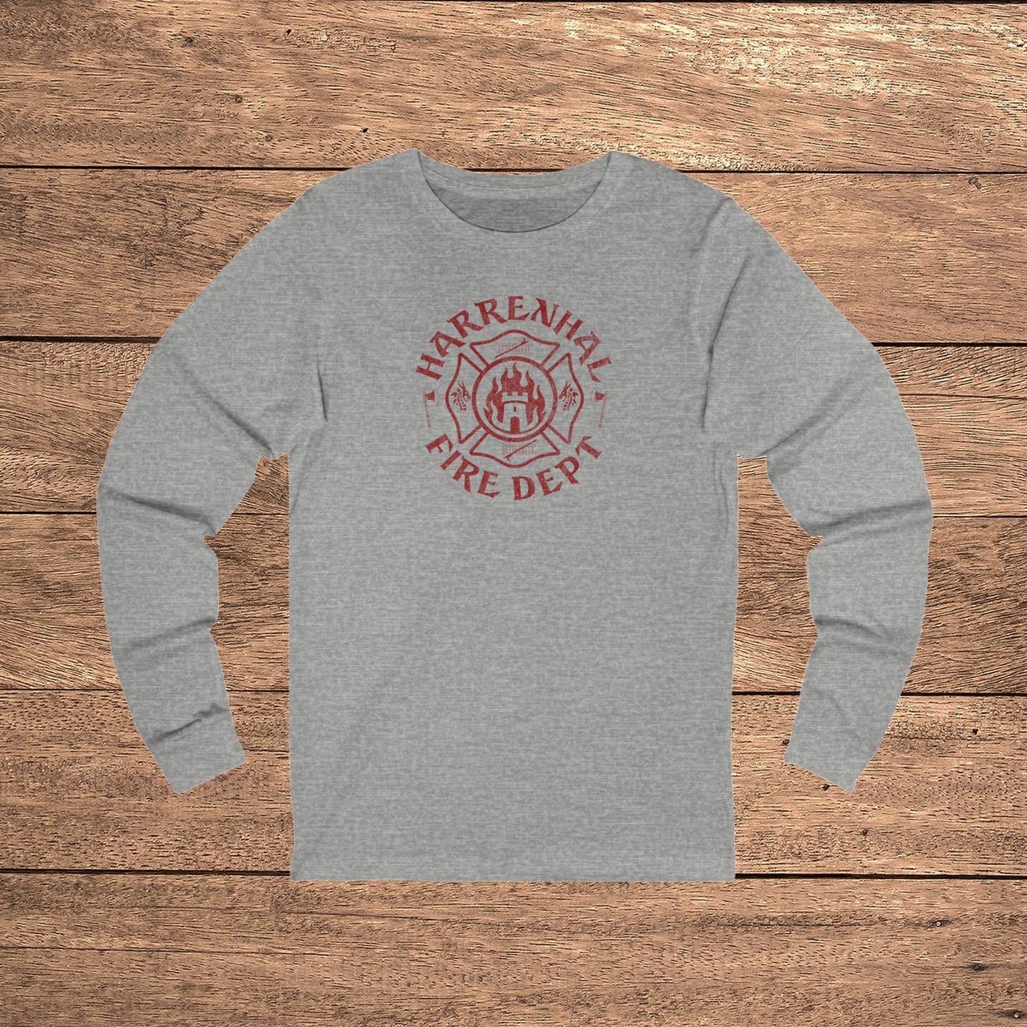 Heather Gray Harrenhal Fire Department vintage distressed graphic long-sleeve t-shirt, Bella+Canvas cotton Game of Thrones inspired tee