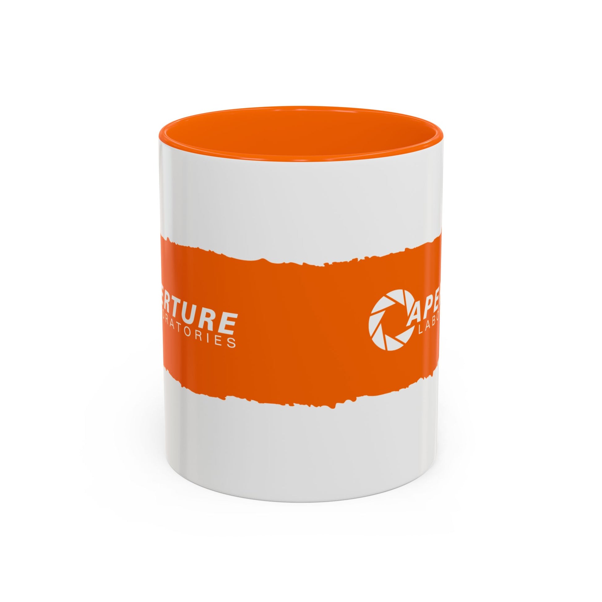 Front view of Portal 2 Aperture Laboratories orange Propulsion Gel accent mug.