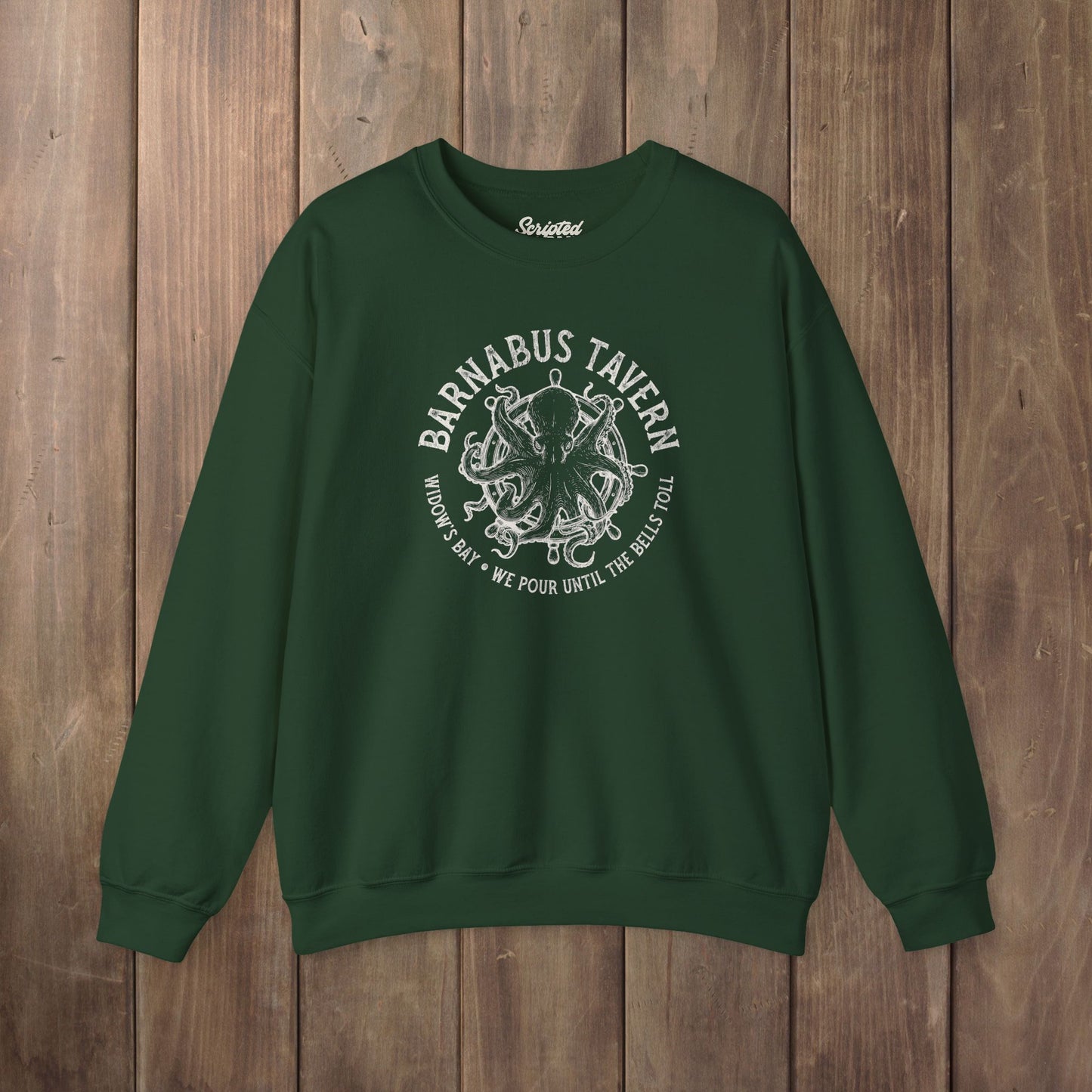 Forest green crewneck sweatshirt with vintage Barnabus Tavern graphic from Widow's Bay TV show octopus design