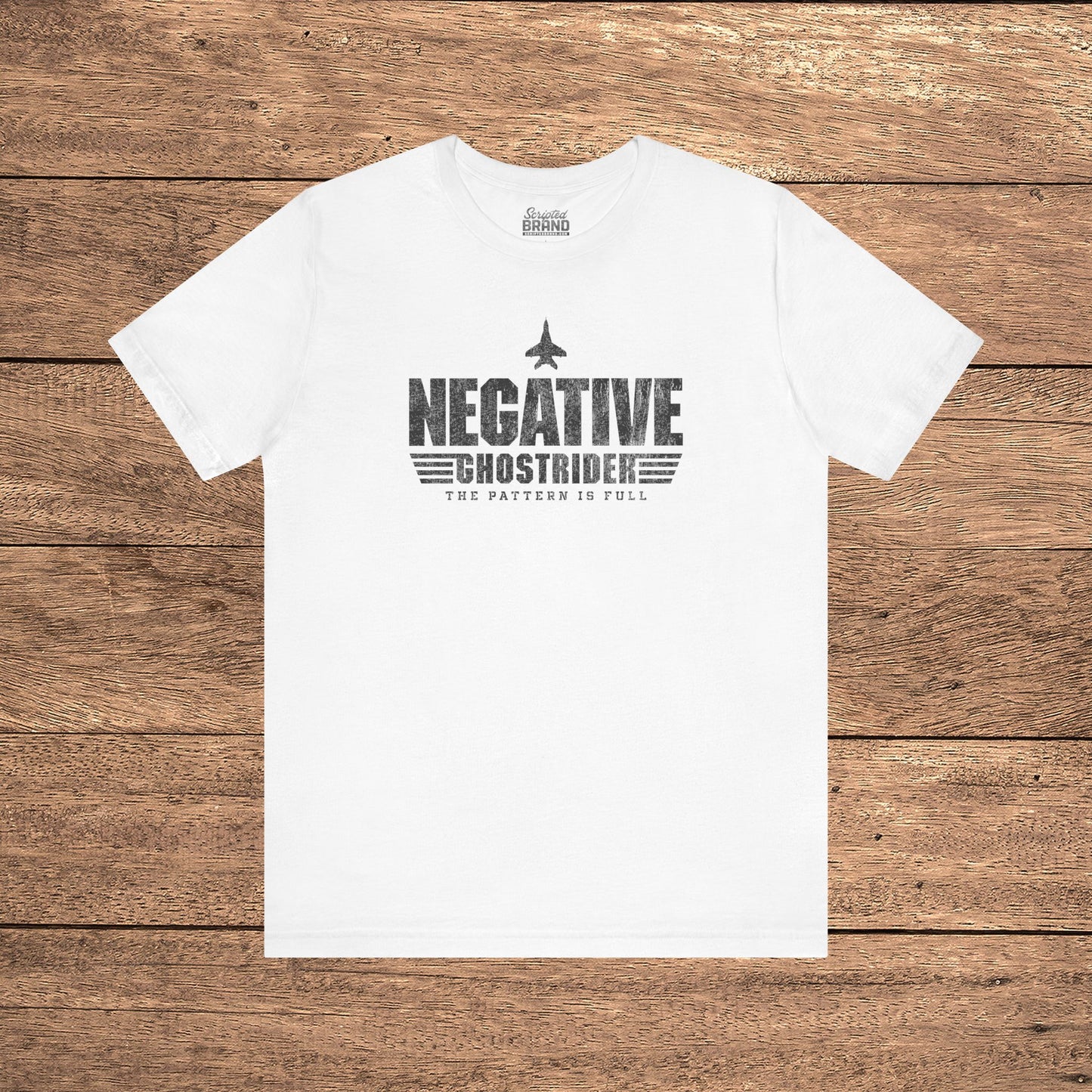 White Negative Ghostrider The Pattern Is Full vintage distressed graphic t-shirt, soft Bella+Canvas cotton aviation movie tee