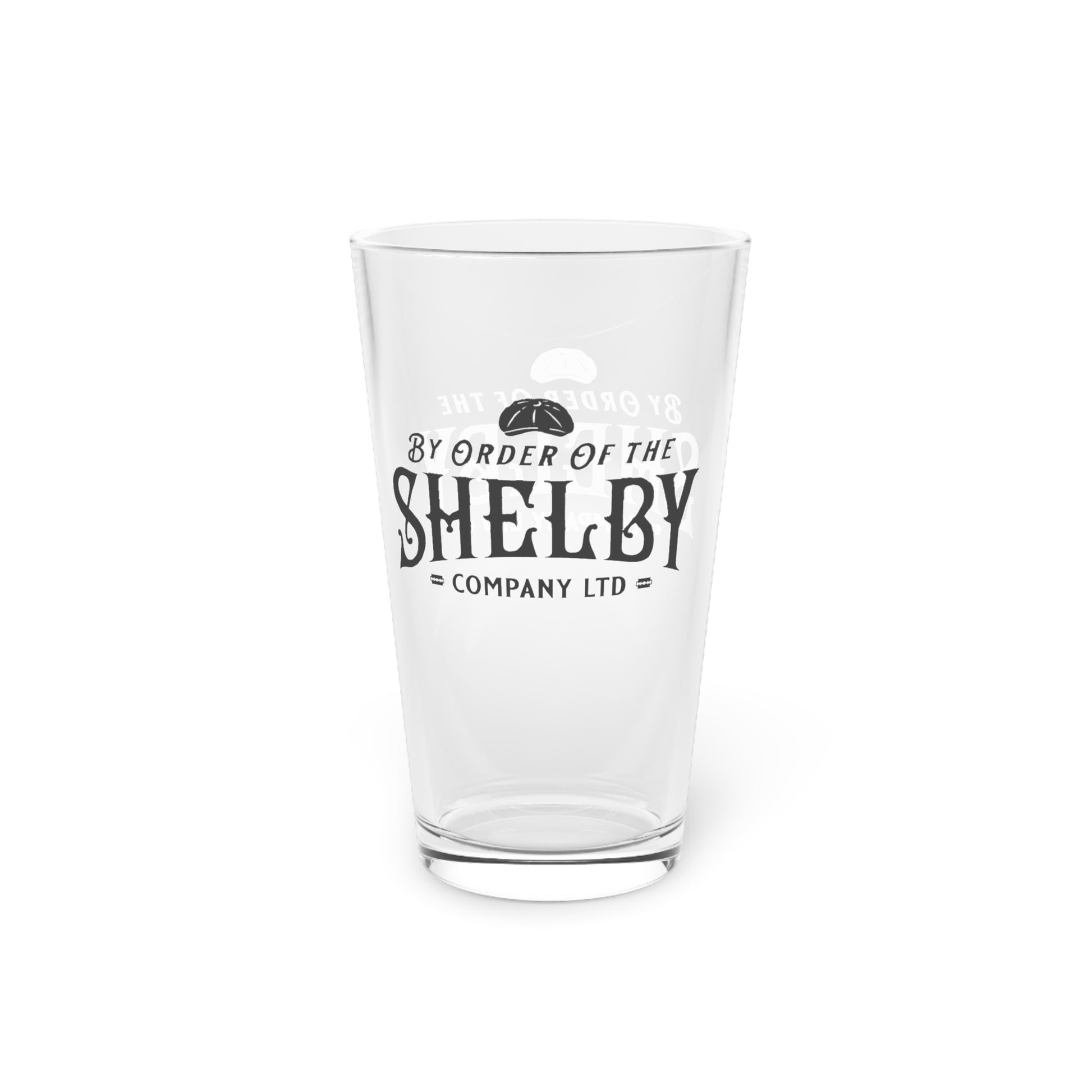 Front view of 16 ounce Pint Glass with Shelby Company LTD logo from Peaky Blinders printed on both sides.