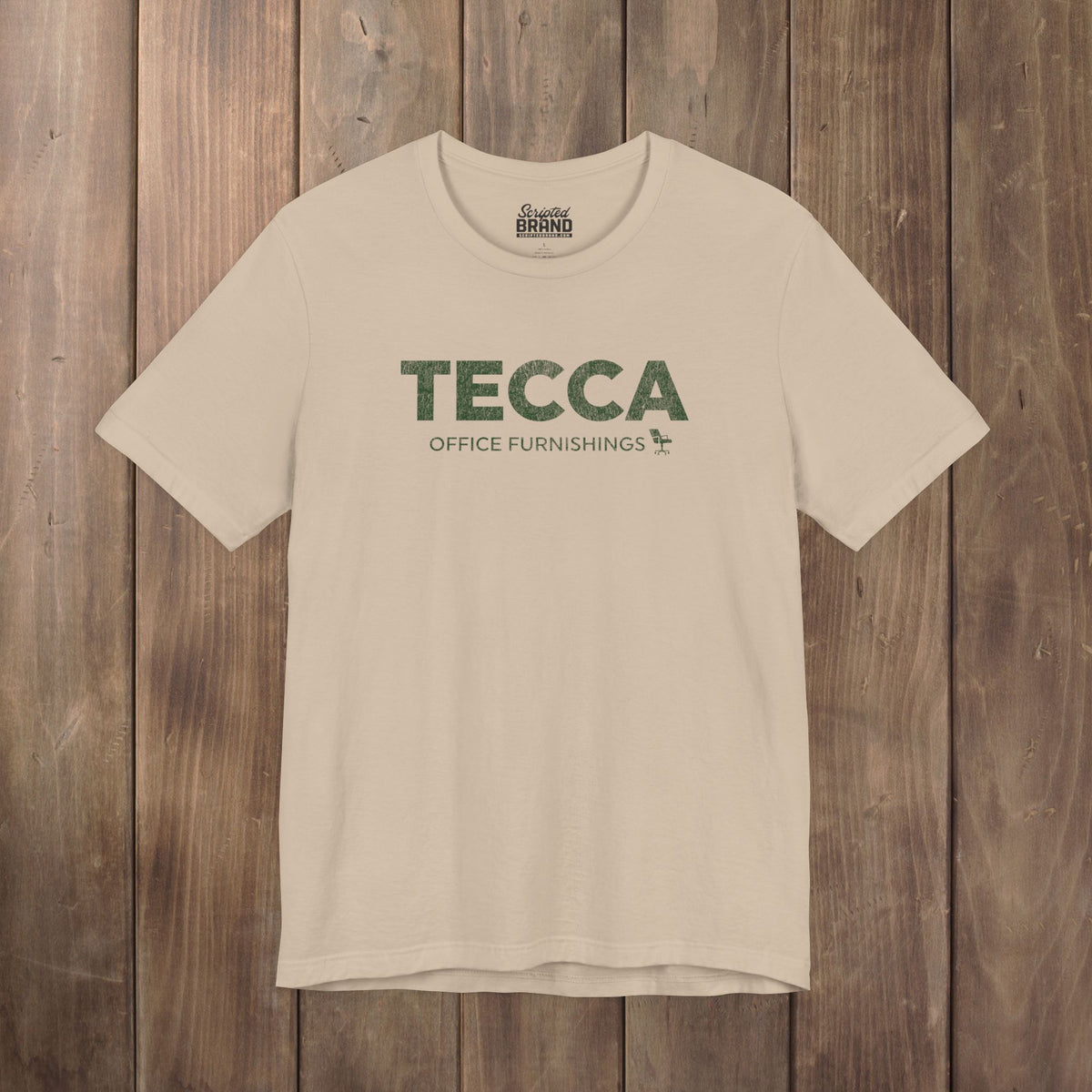 Tan beige TECCA Office Furnishings tee inspired by The Chair Company. Bella+Canvas tim robinson shirt comedy.