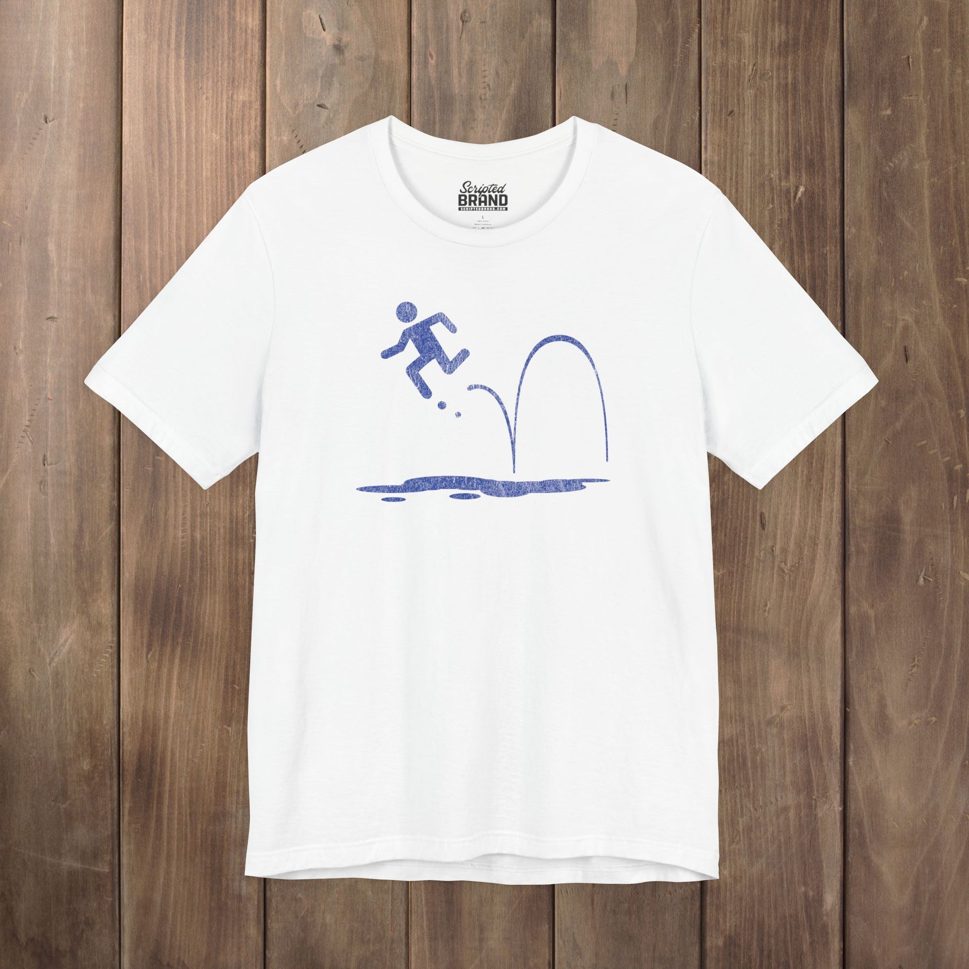 White tee with vintage distressed Portal 2 Repulsion Gel icon of a figure bouncing off gel