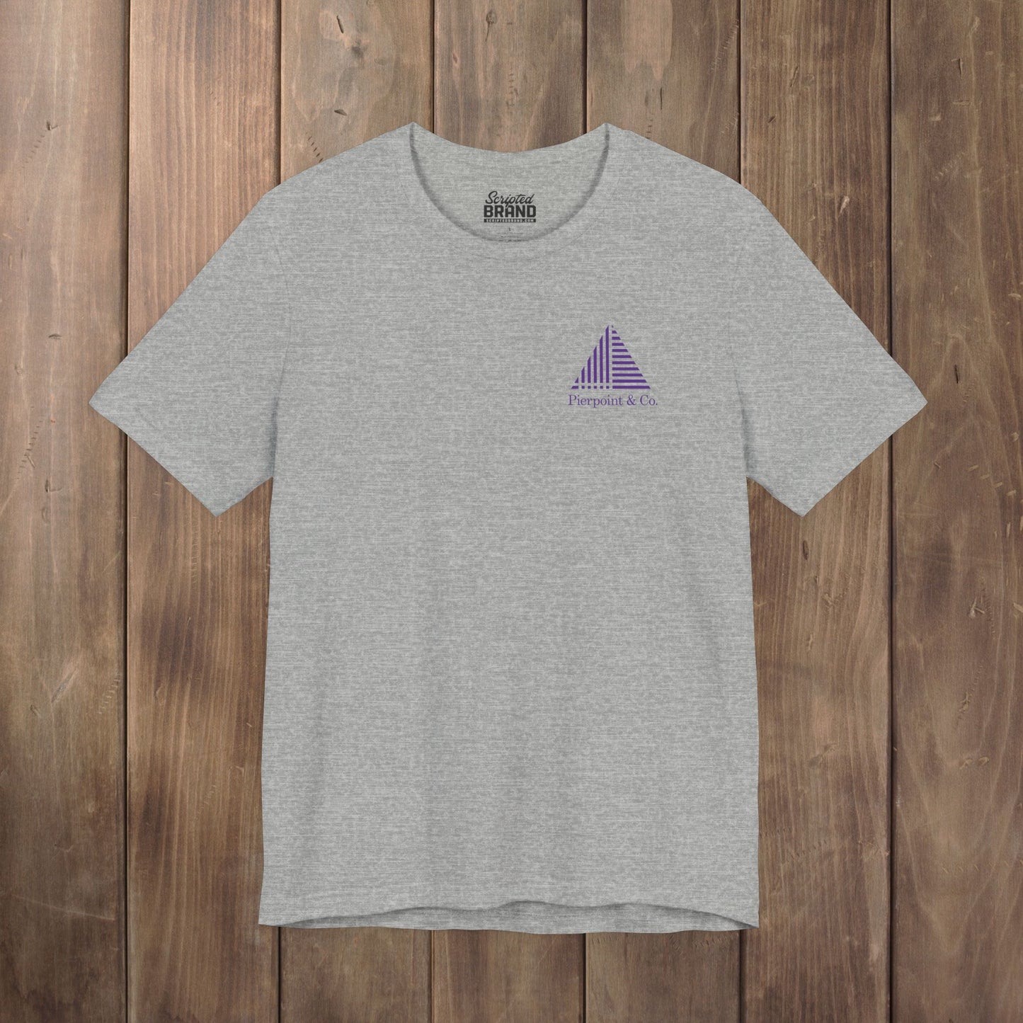 Heather gray Pierpoint & Co. corner logo t-shirt inspired by HBO Industry TV series, soft Bella+Canvas cotton investment bank fan tee