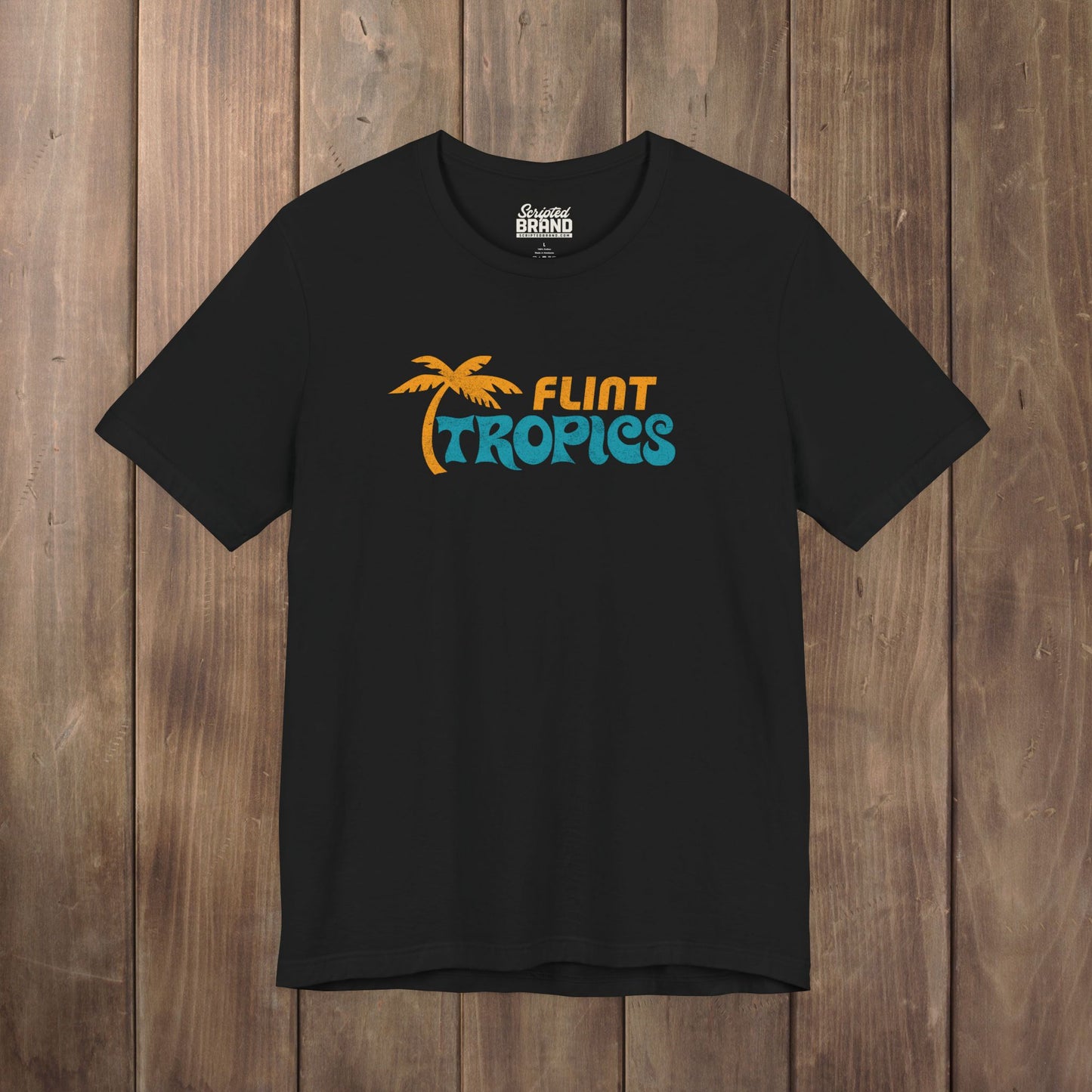 Black Bella+Canvas t-shirt with the Flint Tropics logo from the movie Semi-Pro in a vintage distressed style.