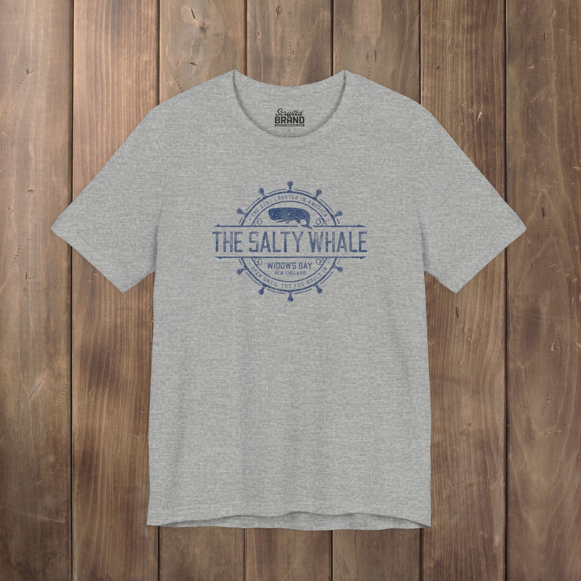 Heather gray The Salty Whale vintage distressed pub logo t-shirt inspired by Widow's Bay Apple TV series, soft Bella+Canvas cotton tee