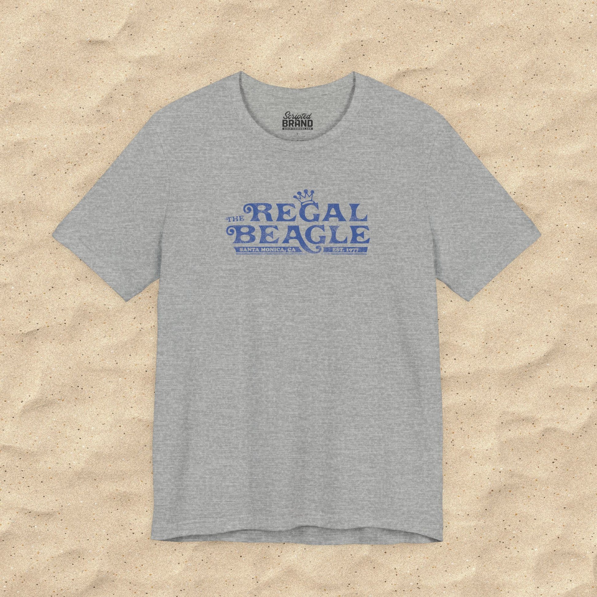 Heather gray Bella+Canvas t-shirt with the Regal Beagle logo from the TV Show 'Threes Company' in a vintage distressed style.