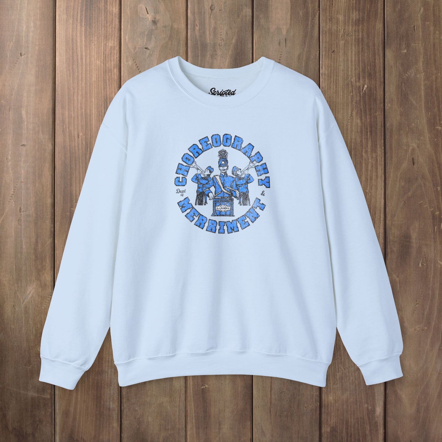 Light blue crewneck sweatshirt with vintage Lumon Choreography and Merriment marching band art from Severance.