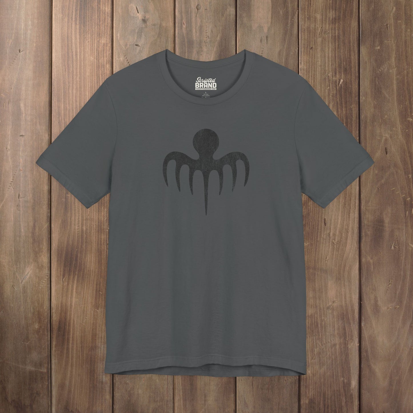 Asphalt gray tee with vintage distressed black Spectre octopus emblem James Bond-inspired graphic