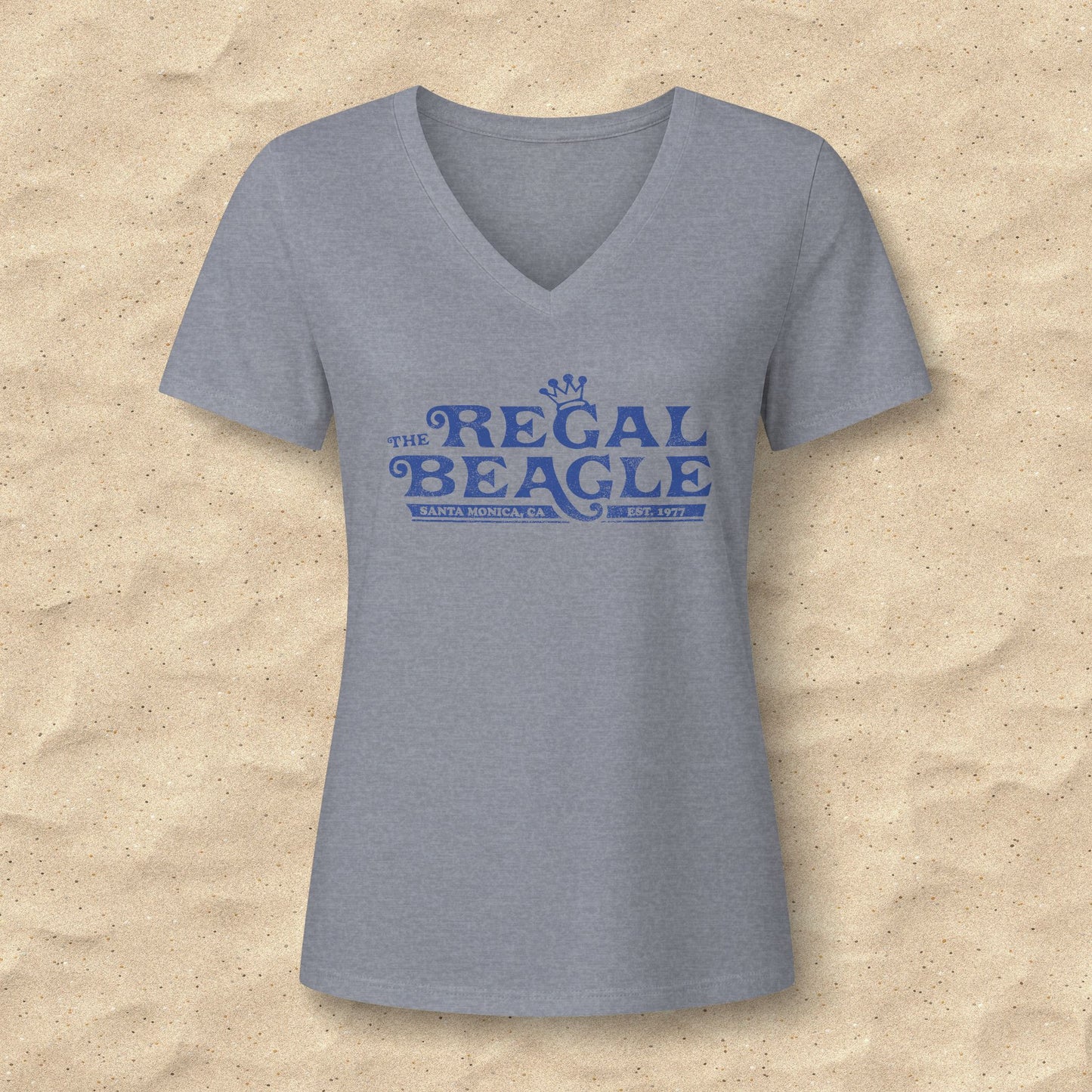 Heather gray womens v-neck tee with vintage distressed Regal Beagle Three's Company logo