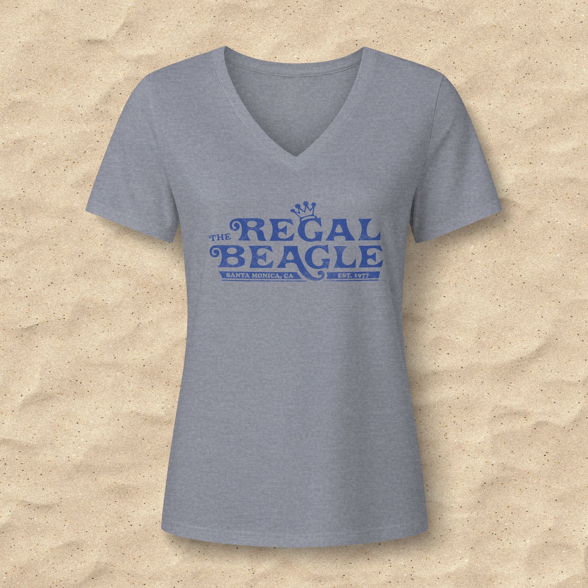 Heather gray womens v-neck tee with vintage distressed Regal Beagle Three's Company logo