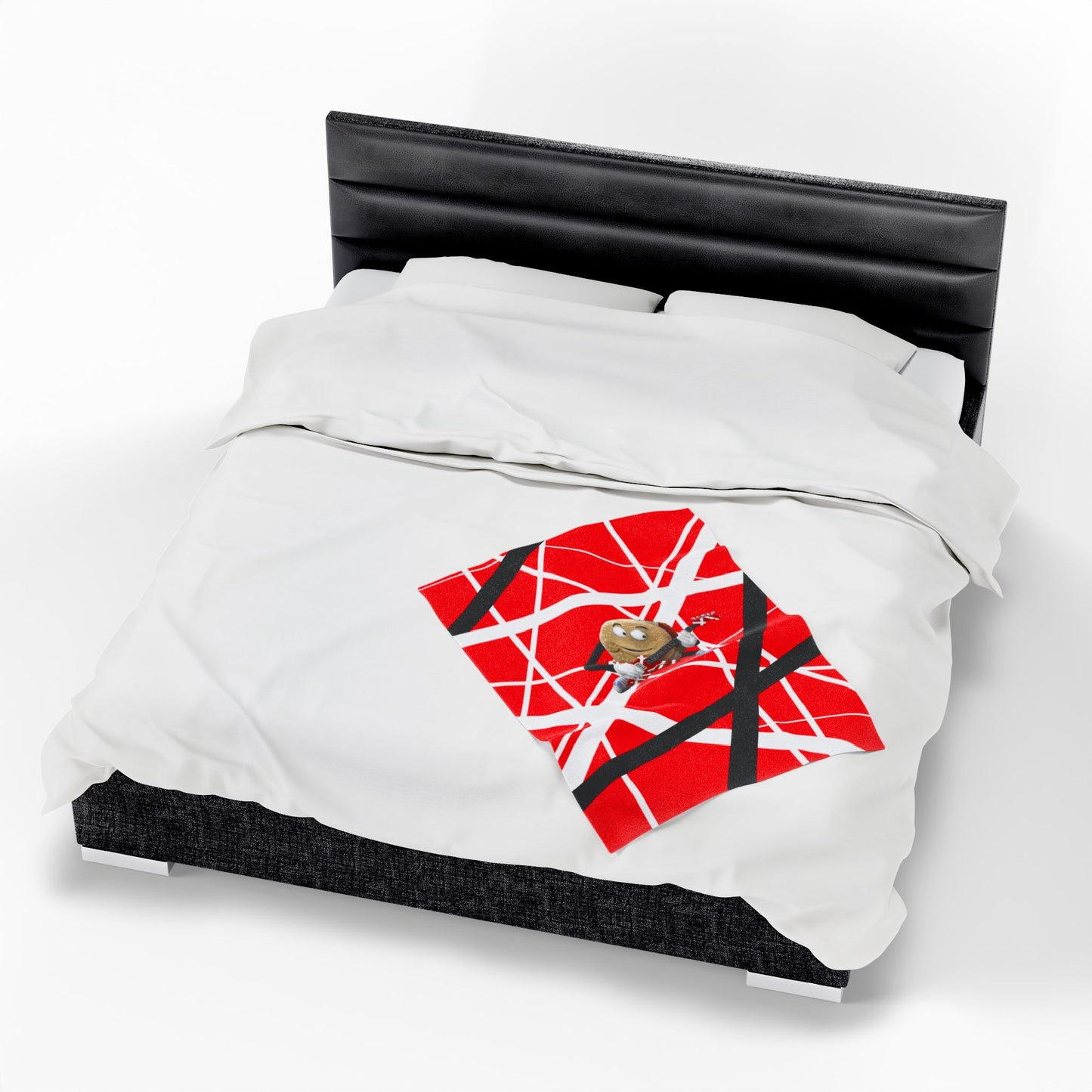 3040 plush blanket with red, white, black Frankenstein stripes with singing hamburger guitar graphic, inspired by Better Off Dead and Van Halen, shown on queen bed.