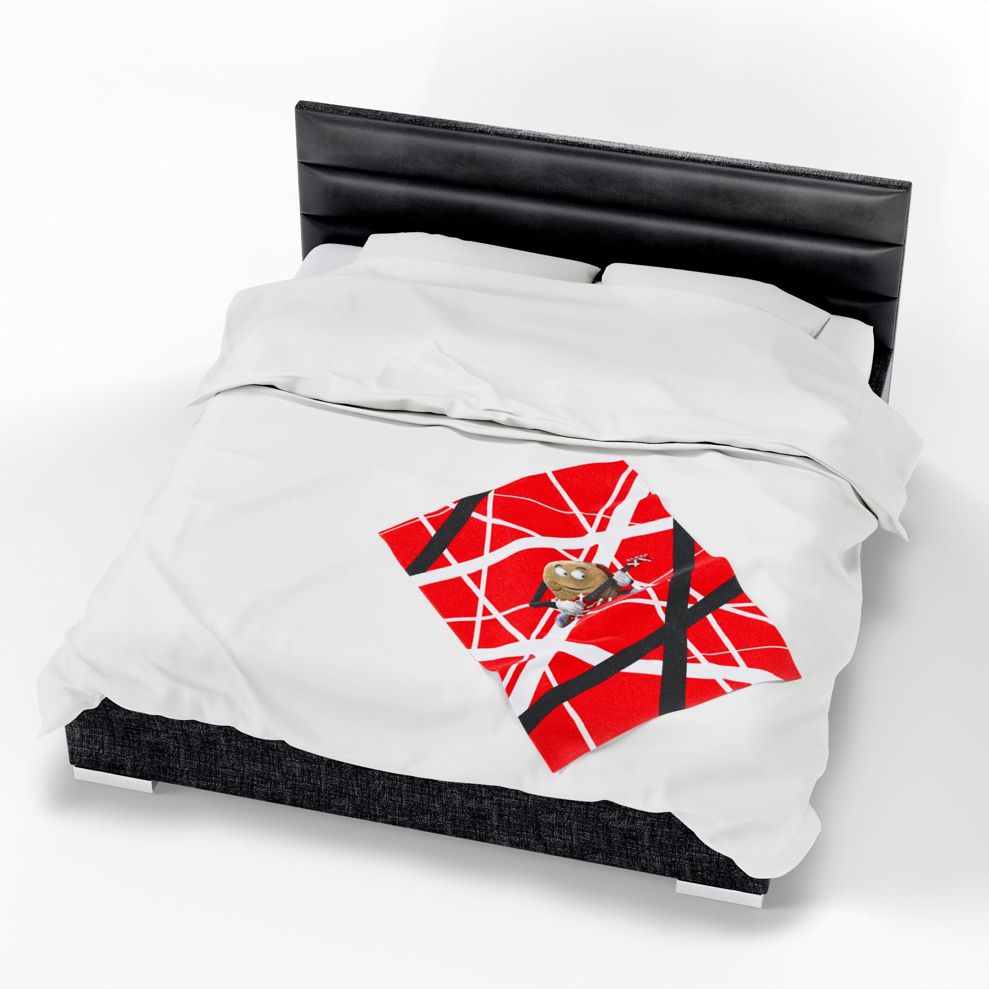 3040 plush blanket with red, white, black Frankenstein stripes with singing hamburger guitar graphic, inspired by Better Off Dead and Van Halen, shown on queen bed.