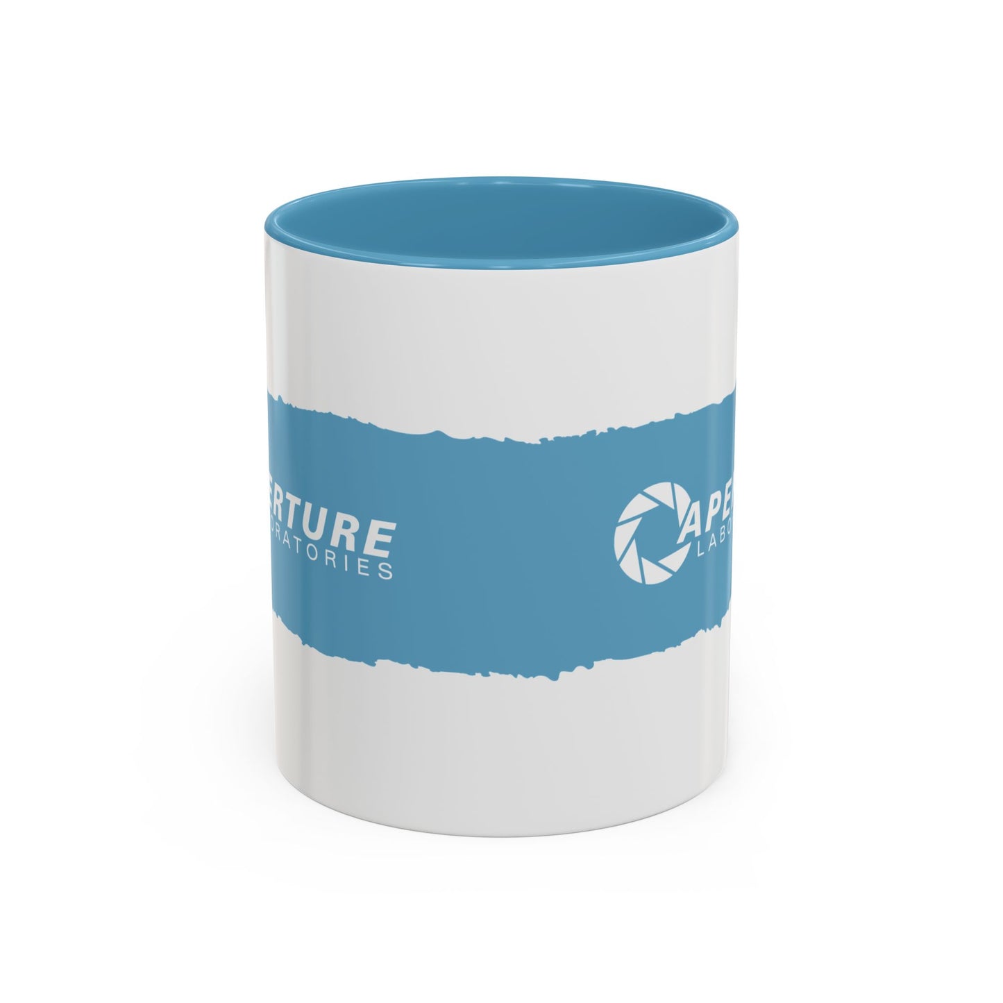 Front view of Portal 2 Aperture Laboratories blue Repulsion Gel accent mug.