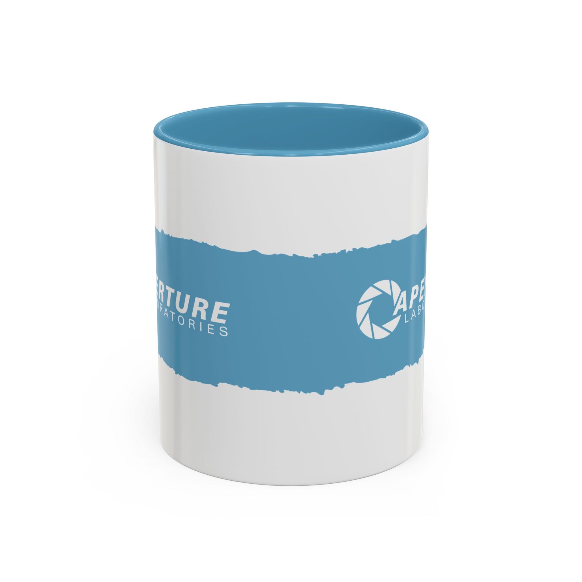 Front view of Portal 2 Aperture Laboratories blue Repulsion Gel accent mug.