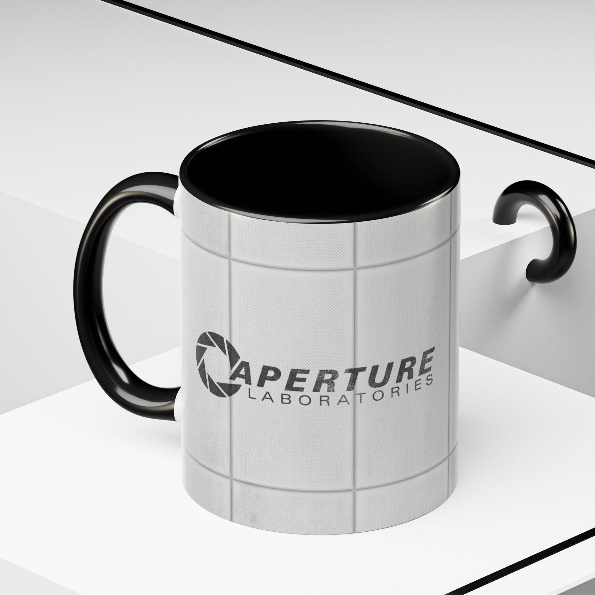 Angled view of Black accent 11oz mug with Aperture Laboratories logo, Portal test chamber panel wall wrap, logo printed both sides.