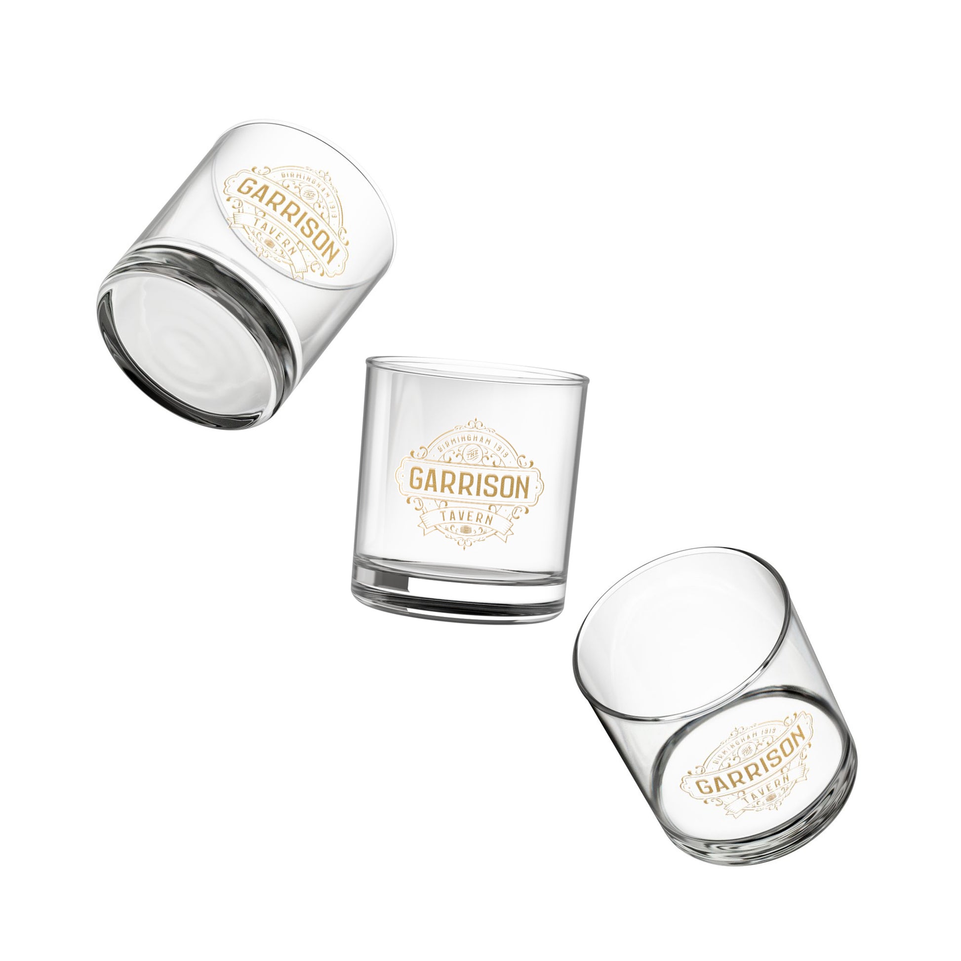 Three floating Garrison Tavern rocks glasses with gold Birmingham 1919 logo, inspired by Peaky Blinders, 10oz whiskey lowball