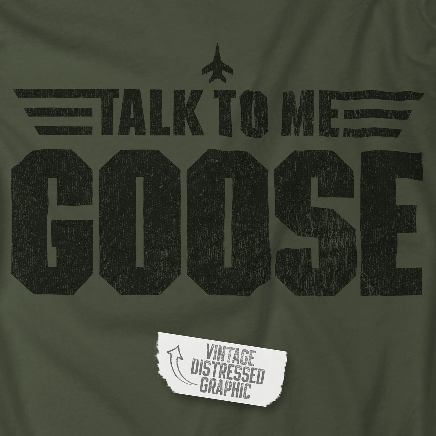 Closeup of Military green Talk to Me Goose vintage distressed graphic hoodie inspired by Top Gun, heavy blend cotton sweatshirt