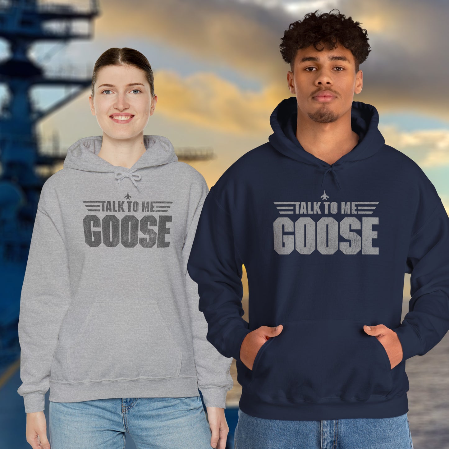 Two people wearing Talk to Me Goose vintage distressed graphic hoodies inspired by Top Gun, heavy blend cotton sweatshirt