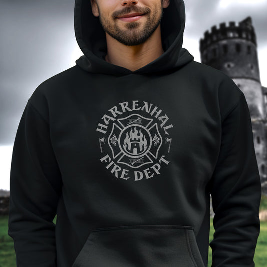 Man wearing black Harrenhal Fire Department vintage distressed graphic hoodie, heavy pullover sweatshirt inspired by Game of Thrones