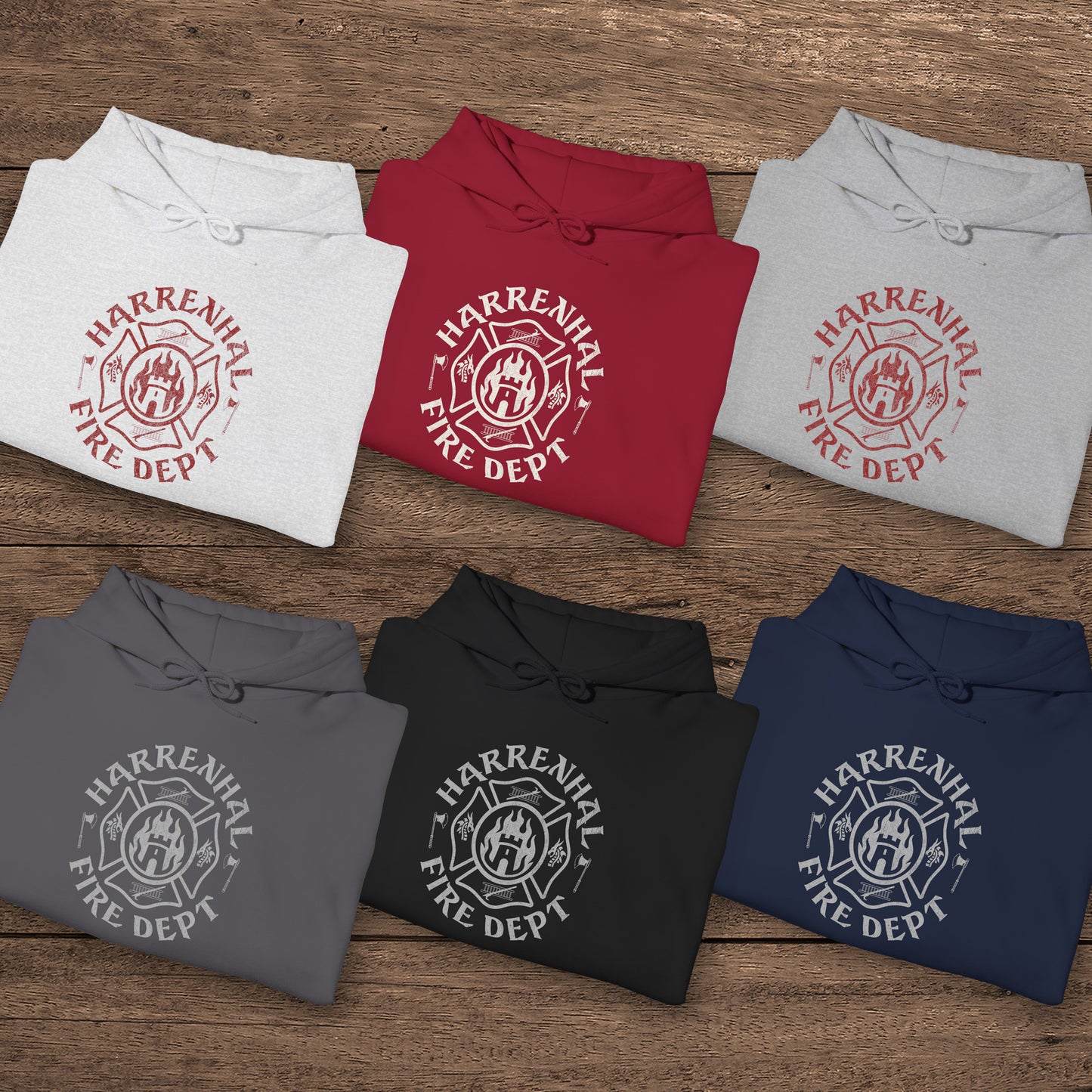Six folded Harrenhal Fire Department vintage distressed graphic hoodies, heavy pullover sweatshirt inspired by Game of Thrones