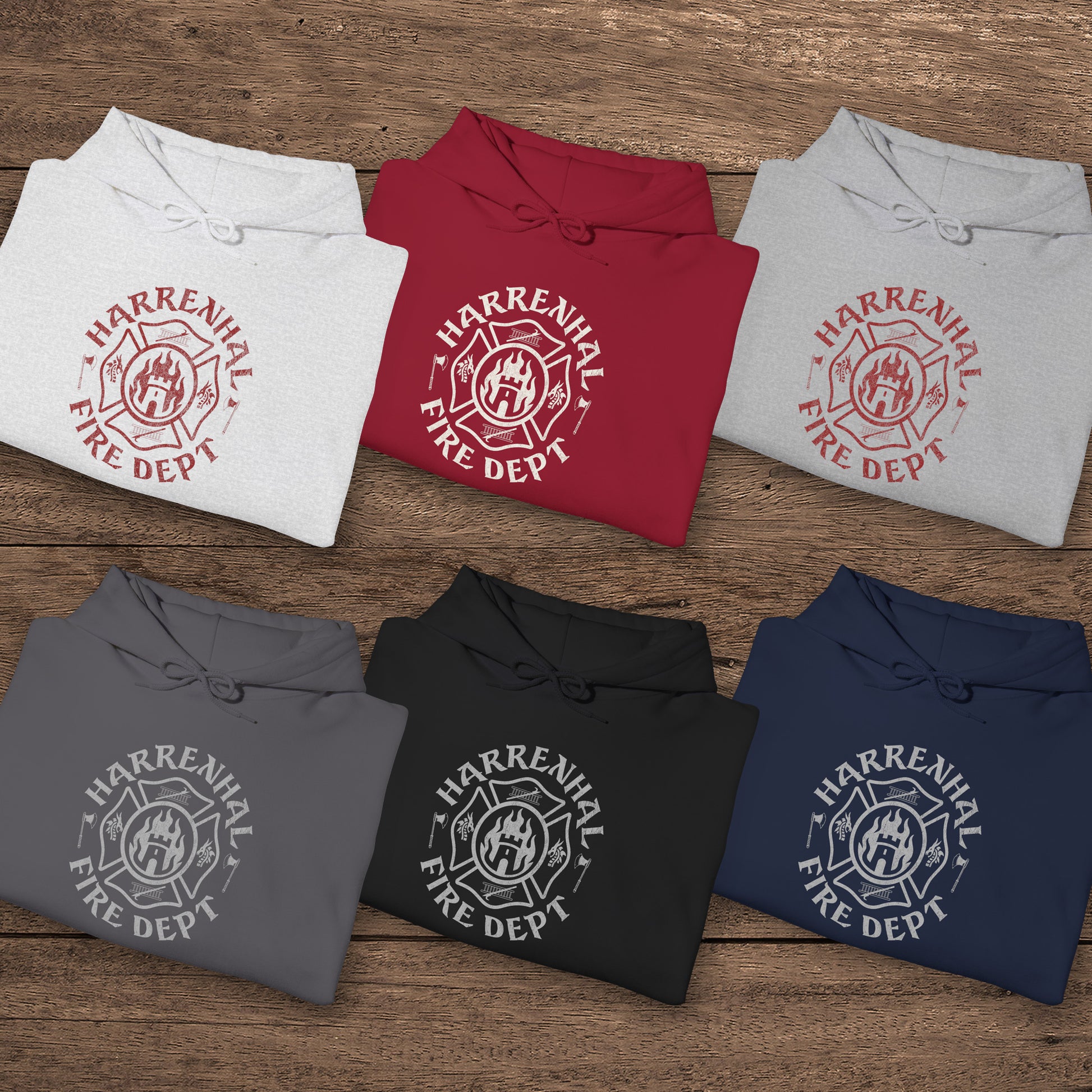Six folded Harrenhal Fire Department vintage distressed graphic hoodies, heavy pullover sweatshirt inspired by Game of Thrones