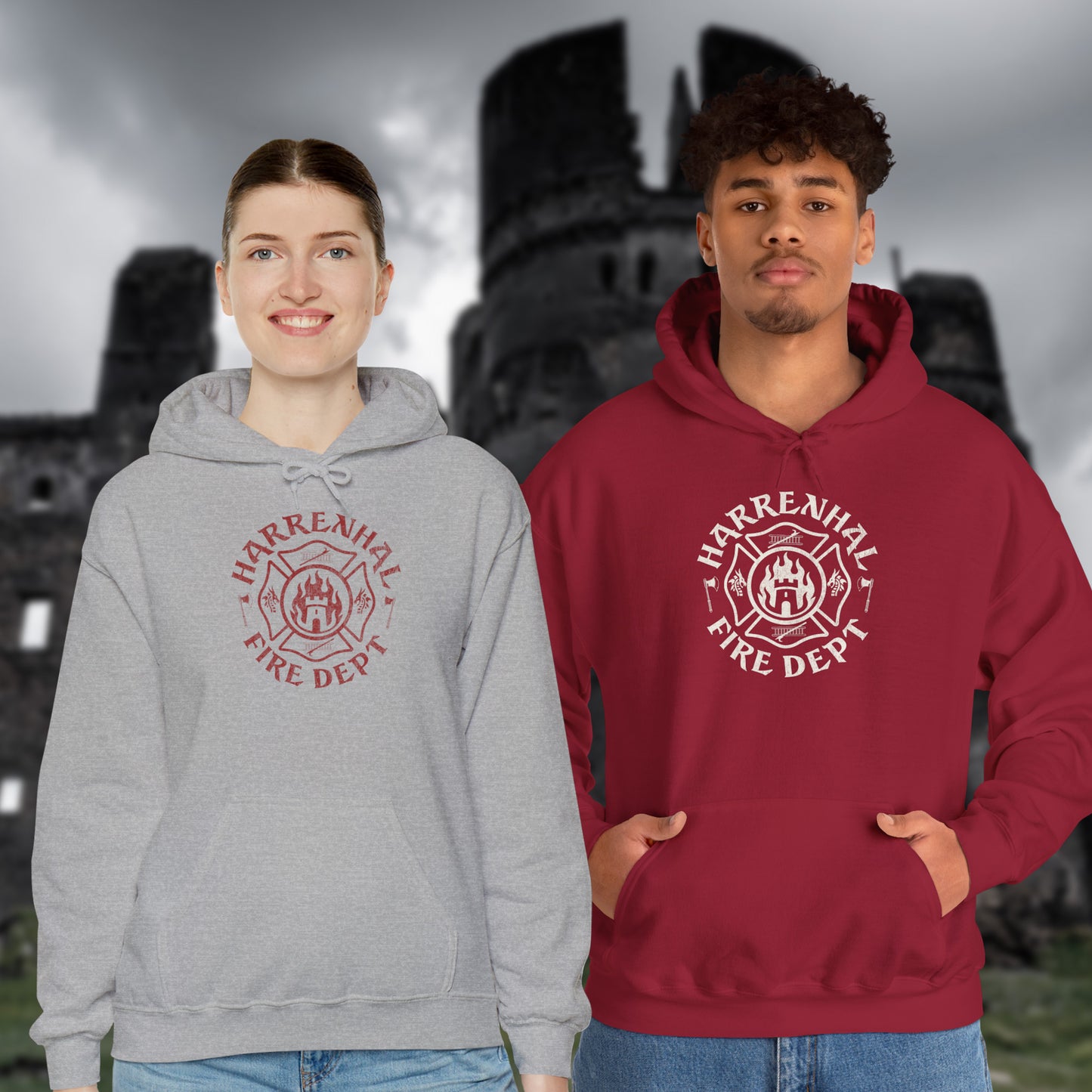 Two people wearing Harrenhal Fire Department vintage distressed graphic hoodies, heavy pullover sweatshirt inspired by Game of Thrones
