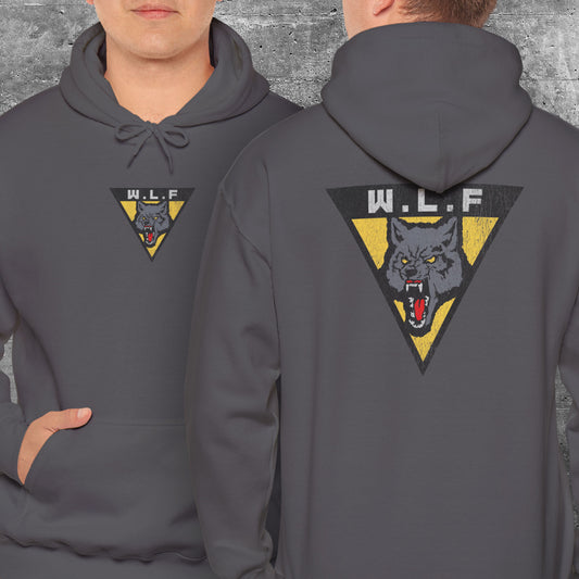 Charcoal grey hoodie with front and back WLF wolf logo from The Last of Us in vintage distressed style.