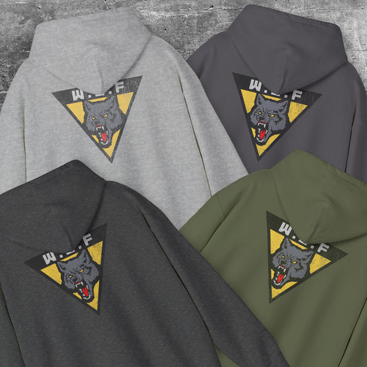 4 hoodies with front and back WLF wolf logo from The Last of Us in vintage distressed style.