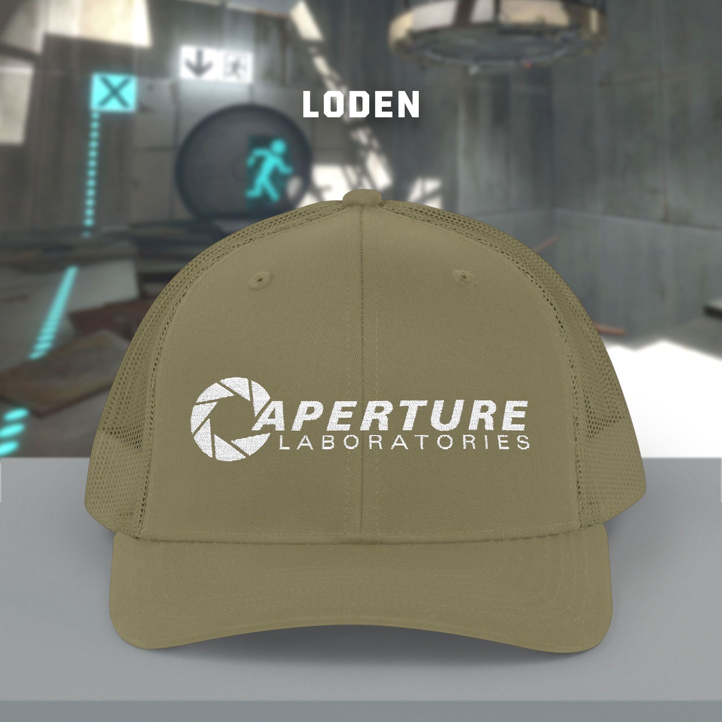 Front view of a loden gold colored Richardson 112 Snapback Trucker Cap featuring the embroidered logo of the fictional company Aperture Laboratories from the video game Portal and Portal 2, sold by ScriptedBrand. 