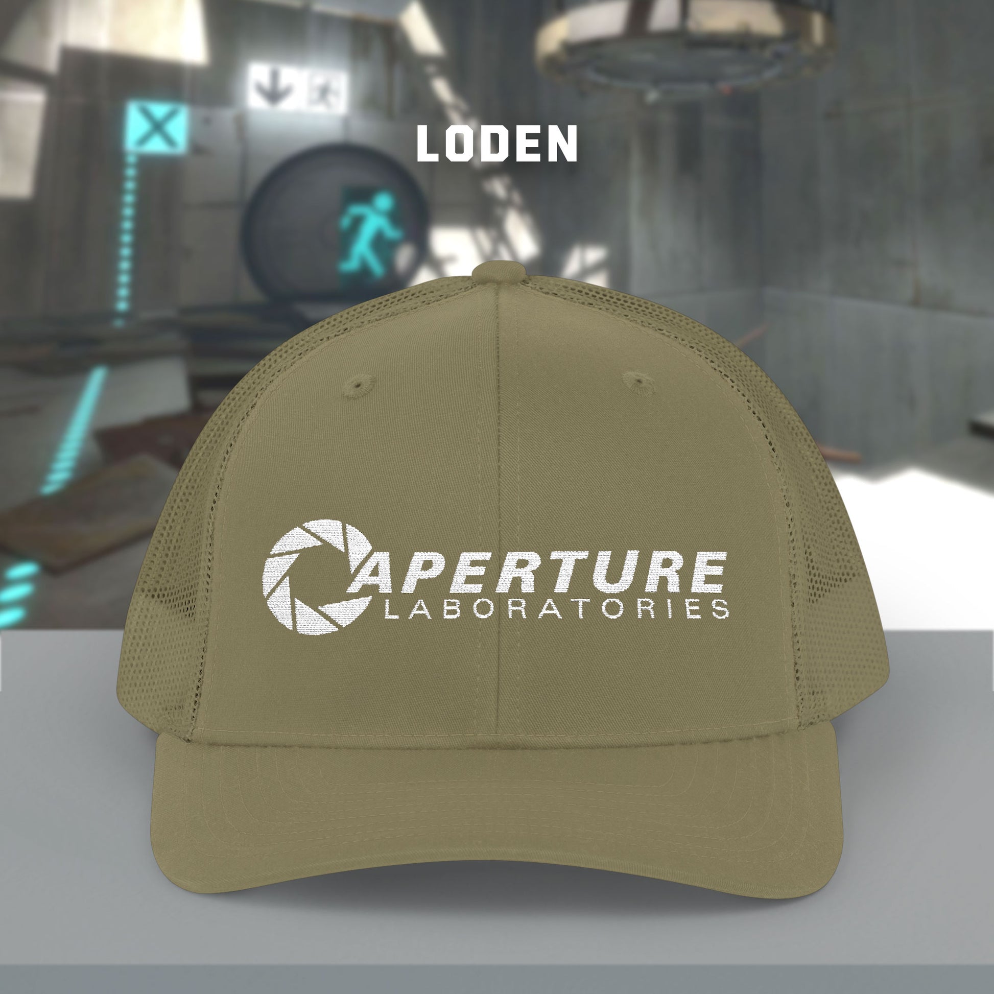 Front view of a loden gold colored Richardson 112 Snapback Trucker Cap featuring the embroidered logo of the fictional company Aperture Laboratories from the video game Portal and Portal 2, sold by ScriptedBrand. 